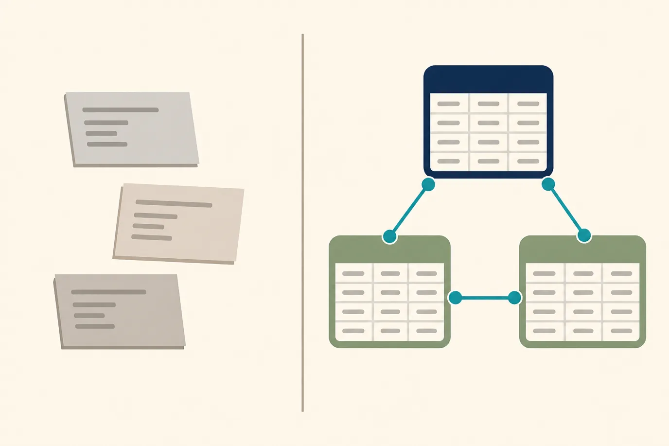 A cel-shaded editorial comparison of two data exports side by side, one a thin stack of flat PDF summaries and the other a structured set of linked tables with visible relationships between reservations, folios and guest profiles.