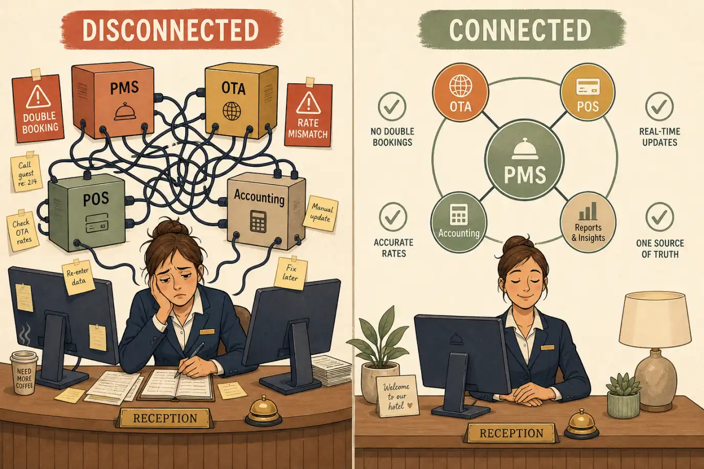 A two-panel before-and-after comparison. The left panel labelled disconnected shows a tangle of mismatched boxes joined by knotted, crossing cables, with a tired receptionist retyping data between two screens, sticky notes, and warning icons for double booking and rate mismatch. The right panel labelled connected shows the same systems arranged tidily around a central PMS hub with clean single lines, a calm receptionist, and green check icons, conveying that the work moves from people to the integrations.