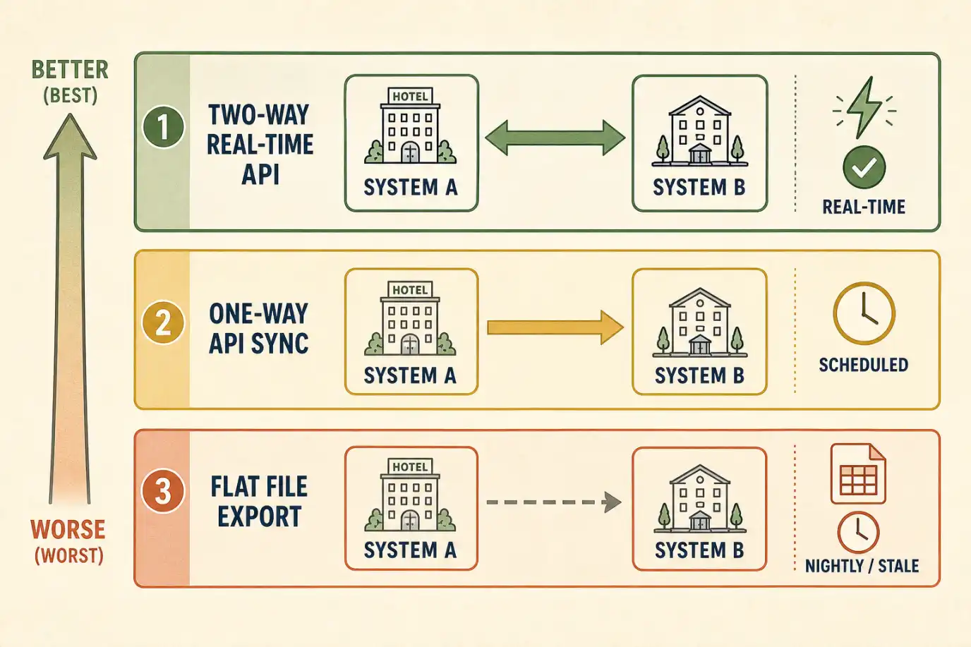 A ladder diagram of the three ways hotel systems connect, worst to best: at the bottom a flat-file export shown as a one-way dashed arrow between two systems and marked nightly and stale; in the middle a one-way scheduled API sync shown as a single solid arrow; at the top a two-way real-time API shown as a bold double-headed arrow with a real-time marker and a green check, drawn as the strongest option.