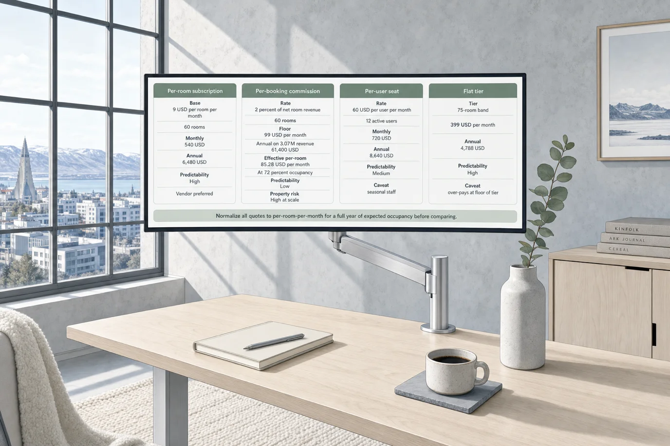A cel-shaded editorial illustration of a thin ultrawide monitor on a brushed-aluminum monitor arm at a pale-birch standing desk in a sunlit Reykjavik office, displaying a polished hotel PMS pricing model comparison with four columns. Column 1 titled Per-room subscription shows Base 9 USD per room per month, 60 rooms, Monthly 540 USD, Annual 6480 USD, Predictability High, Vendor preferred. Column 2 titled Per-booking commission shows Rate 2 percent of net room revenue, 60 rooms, Floor 99 USD per month, Annual on 3.07M revenue 61400 USD effective per-room 85.28 USD per month at 72 percent occupancy, Predictability Low, Property risk High at scale. Column 3 titled Per-user seat shows Rate 60 USD per user per month, 12 active users, Monthly 720 USD, Annual 8640 USD, Predictability Medium, Caveat seasonal staff. Column 4 titled Flat tier shows Tier 75-room band 399 USD per month, Annual 4788 USD, Predictability High, Caveat over-pays at floor of tier. A bottom strip reads Normalize all quotes to per-room-per-month for a full year of expected occupancy before comparing. Pale grey limewashed walls behind the desk, a fiddle-leaf-style fern in a pale ceramic pot beside the desk, cool morning Nordic daylight from off-screen left, no copper pendants, no oak desk.