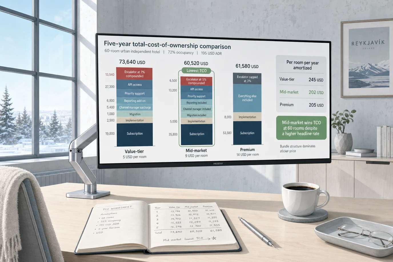 A cel-shaded editorial illustration of a thin ultrawide monitor on a brushed-aluminum monitor arm at a pale-birch standing desk in a sunlit Reykjavik office, displaying a polished five-year total-cost-of-ownership comparison for a 60-room urban independent hotel at 72 percent occupancy and 195 USD ADR. The screen shows a vertical stacked-bar chart with three bars side by side. Bar 1 labeled Value-tier 5 USD per room reaches 73,640 USD with stacks reading Subscription 19,800, Implementation 2500, Migration 1000, Channel manager surcharge 5400, Reporting add-on 6800, Priority support 27,300, API access 13,540, Escalator at 7 percent compounded. Bar 2 labeled Mid-market 9 USD per room reaches 60,520 USD with stacks reading Subscription 35,800, Implementation 5000, Migration included, Channel manager included, Reporting included, Priority support 13,200, API access 6500, Escalator at 5 percent compounded. Bar 3 labeled Premium 14 USD per room reaches 61,580 USD with stacks reading Subscription 53,580, Implementation 8000, Everything included support and channels and reporting and API and account manager, Escalator at 3 percent compounded. A side panel titled Per room per year amortized reads Value-tier 245 USD, Mid-market 202 USD, Premium 205 USD. A green pill at the bottom reads Mid-market wins TCO at 60 rooms despite a higher headline rate. A small footnote reads Bundle structure dominates sticker price. Cool morning Nordic daylight, pale grey limewashed walls, a wool throw on the chair, no copper pendants, no oak desk.
