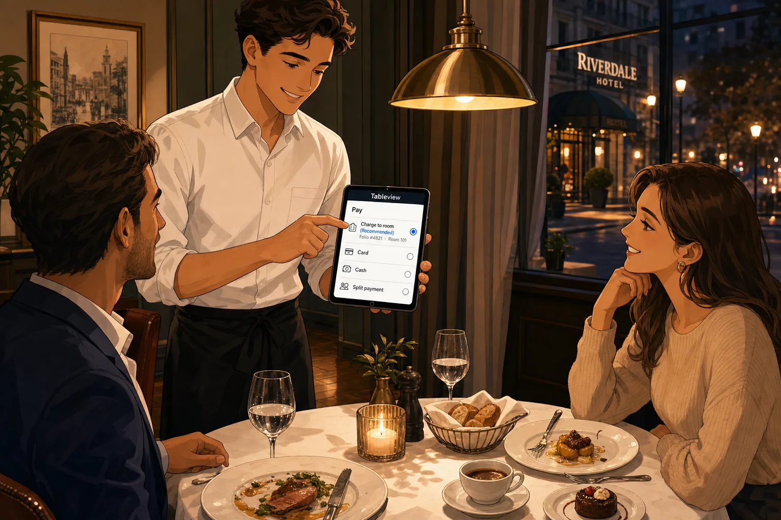 A cel-shaded editorial illustration of a young waiter tableside in a warm boutique hotel restaurant settling a check with a single tap on a handheld Tableview POS tablet showing the pay screen with Charge to room (Recommended) selected and the folio and room number already populated, two diners enjoying their meal in soft pendant lighting with a candle on the table and a city street visible through the window, illustrating the moment a server posts an F&B charge to the guest folio in one tap.