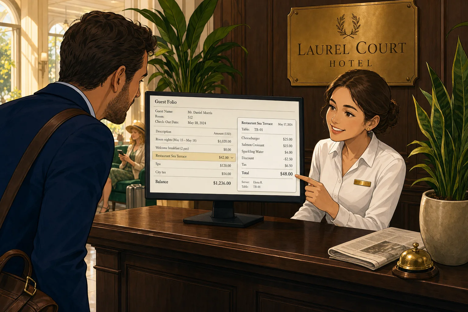 A cel-shaded editorial illustration of a hotel front-desk dispute resolution at check-out with a kind-faced female front-desk agent showing a guest the original itemised restaurant receipt that opens directly from the F&B line on the hotel folio, with line items, discount, tax and total all visible on the reception monitor, illustrating the receipt-from-folio capability that resolves disputes in 30 seconds without a phone call to the restaurant.