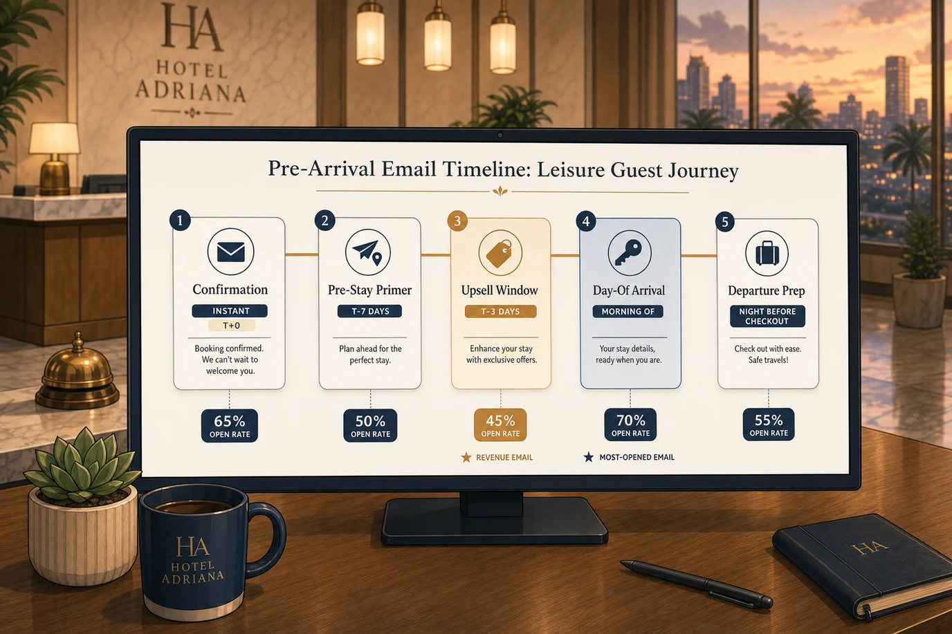 A timeline showing the five pre-arrival emails a hotel sends a leisure guest, with the confirmation at booking, the pre-stay primer at minus seven days, the upsell window at minus three days, the day-of arrival logistics on the morning of arrival, and the departure prep the night before checkout.