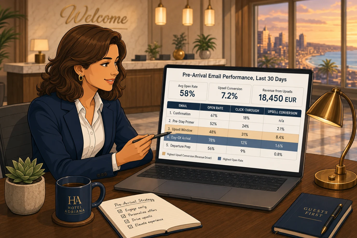 A laptop screen showing a hotel pre-arrival email dashboard, with rows for the five emails in the sequence, columns for open rate, click-through rate and upsell conversion, and a highlighted row for the day-of arrival email as the highest open rate in the sequence.