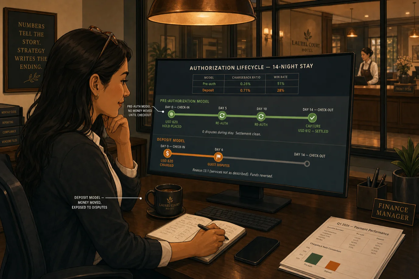 A cel-shaded editorial illustration of a finance manager at an independent hotel reviewing a wide monitor that displays an authorization-lifecycle visualization comparing the pre-authorization model and the deposit model side by side over a 14-night stay, with a green pre-auth timeline showing a USD 620 hold at check-in, two re-auth refresh markers at day 5 and day 10, and a clean capture event at check-out, an orange deposit timeline below it showing a USD 620 charge at check-in followed by a guest-dispute flag at day 6 and the caption Reason 13.1 services not as described, plus a small data table at the top showing pre-auth chargeback ratio 0.28 percent versus deposit 0.71 percent and representment win rate 51 percent versus 28 percent, in a warm copper and walnut back-office with a glass partition revealing the hotel reception in soft focus.