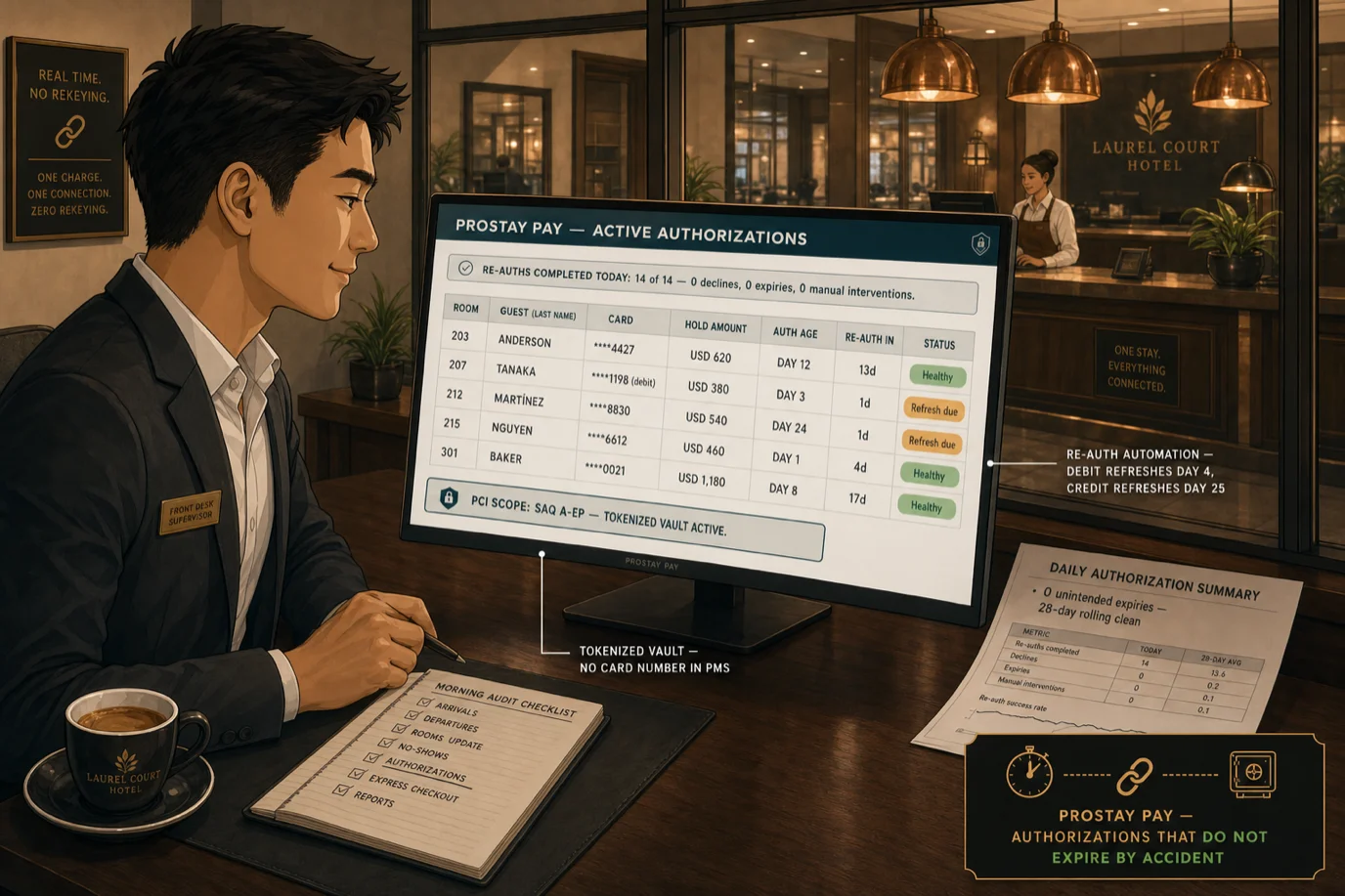 A cel-shaded editorial illustration of an Asian hotel front-office supervisor reviewing the Prostay Pay active-authorizations dashboard on a wide monitor at the morning audit hour, with a clean table showing five rooms with masked card numbers, hold amounts, authorization age, days-until-re-auth, and pastel green Healthy or amber Refresh due status pills, plus a top-bar widget reading Re-auths completed today 14 of 14 with 0 declines 0 expiries 0 manual interventions, and a footer card reading PCI Scope SAQ A-EP Tokenized vault active, illustrating that the pre-auth model becomes operationally sustainable when re-authorizations happen automatically before issuer expiry windows.