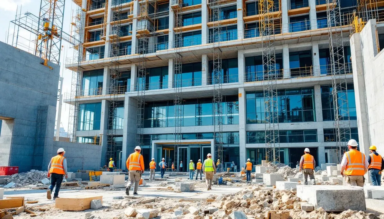 The image depicts a bustling hotel construction site where workers are actively preparing for the hotel's grand opening. Various tools and materials are visible as the team collaborates to ensure a successful opening, adhering to the hotel's pre opening checklist to simplify operations and enhance the guest experience.