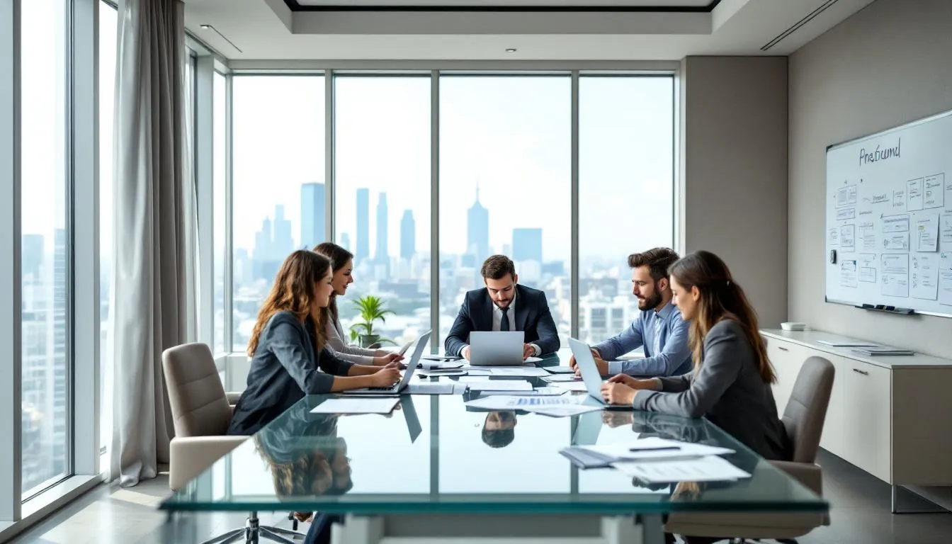 In a conference room, the hotel management team is gathered around a table, reviewing important documents related to the hotel pre-opening process, including the detailed pre-opening budget and operational plans essential for a successful opening. The atmosphere is focused as they discuss strategies to simplify hotel operations and enhance the guest experience for future guests.
