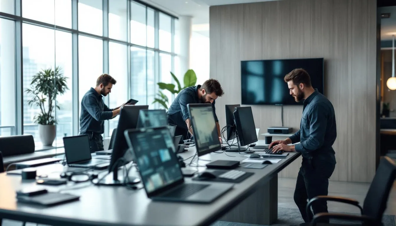 The image depicts a hotel technology setup in progress, featuring computers and various equipment being installed to simplify hotel operations. This crucial phase is part of the pre opening process, ensuring that all systems are in place for a successful grand opening.
