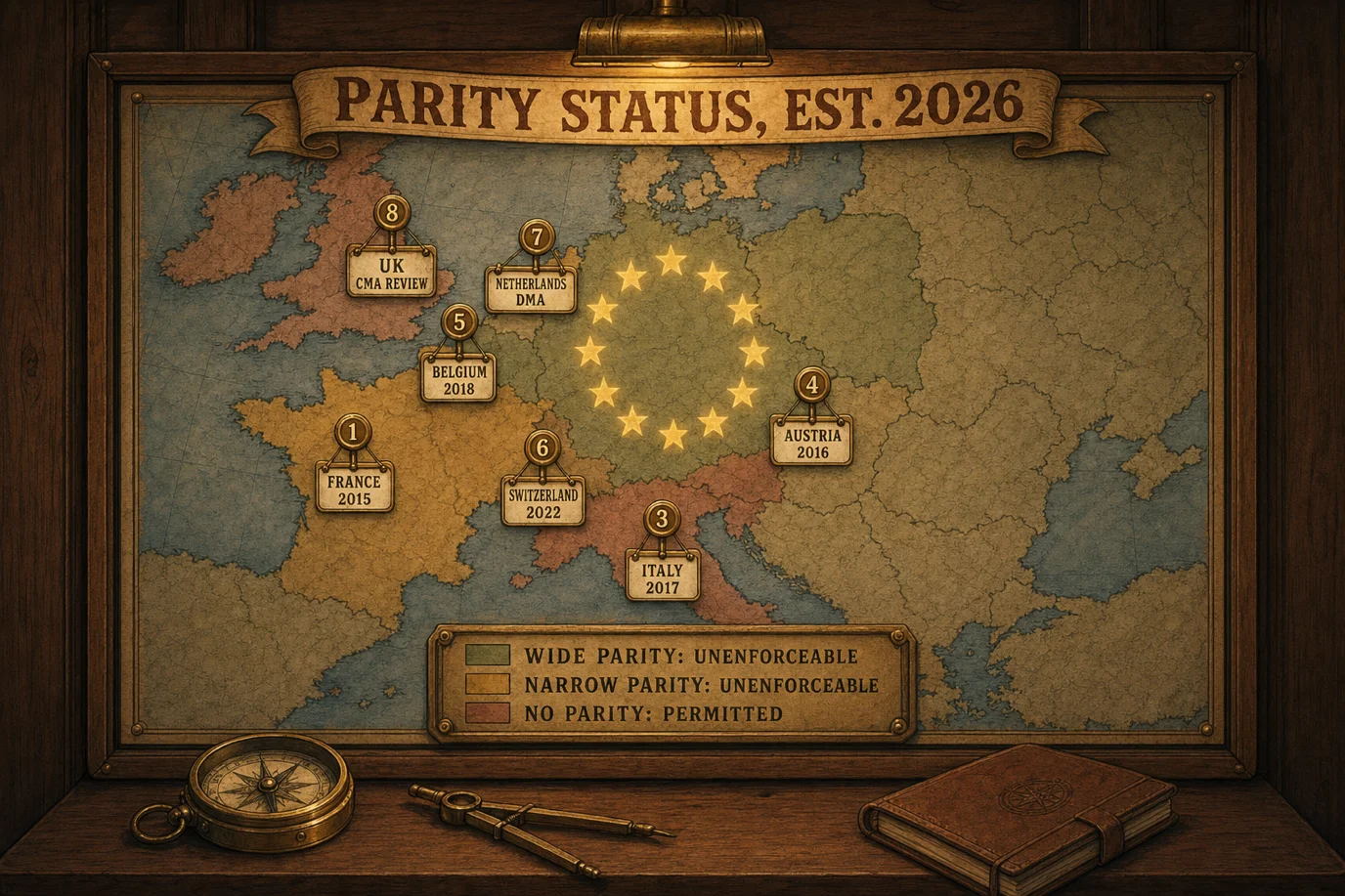 A cel-shaded editorial illustration of a vintage cartographer's wall map of Europe under a hand-painted carnival-serif sign reading PARITY STATUS, 2026, with eight numbered brass pins marking France, Germany, Italy, Austria, Belgium, Switzerland, the Netherlands, and the United Kingdom, each pin tagged with a small enamel placard reading the country's national parity ban date in chunky retro lettering, with a glowing twelve-star EU ring stamped over the central EEA region and a brass legend at the bottom listing WIDE PARITY UNENFORCEABLE, NARROW PARITY UNENFORCEABLE, NO PARITY PERMITTED, illustrating the cumulative effect of a decade of European competition rulings that have erased rate parity as a contractual constraint on independent hotels across the European Economic Area.