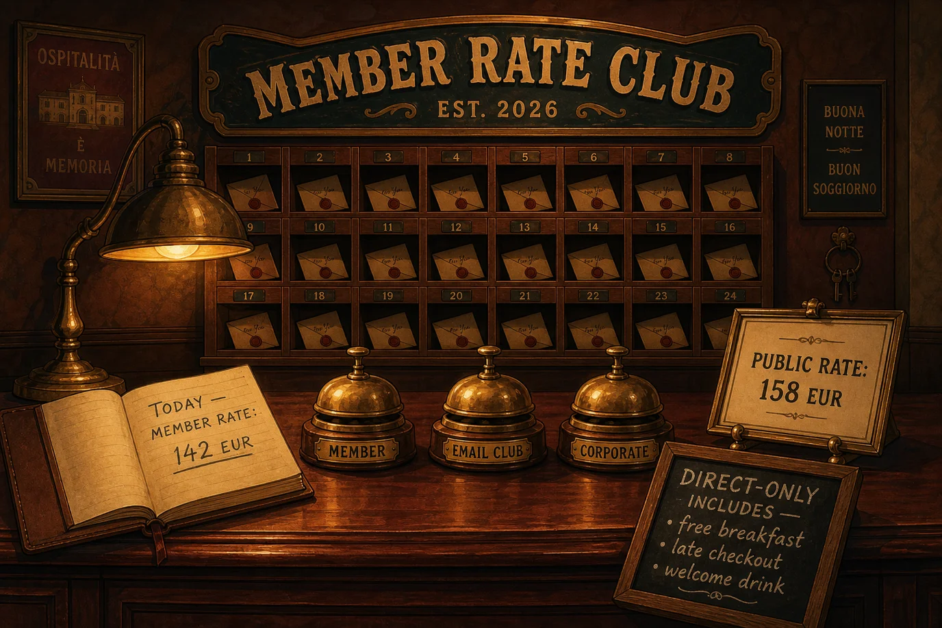 A cel-shaded editorial illustration of a vintage hotel reception counter at night under a hand-lettered carnival-serif sign reading MEMBER RATE CLUB, EST. 2026, with a polished mahogany desk holding three brass bell pulls labelled MEMBER, EMAIL CLUB, and CORPORATE, an open leather ledger showing today's rate of 142 euros for members alongside a separate framed printed card showing the public rate of 158 euros, and a vintage wooden pigeonhole wall behind the counter holding numbered envelopes for repeat-guest accounts, with a small chalkboard tilted against the desk reading DIRECT-ONLY: free breakfast and late checkout, illustrating the closed-user-group direct-pricing strategy that European hotels can now legally deploy to capture commission savings without triggering OTA price-match algorithms.
