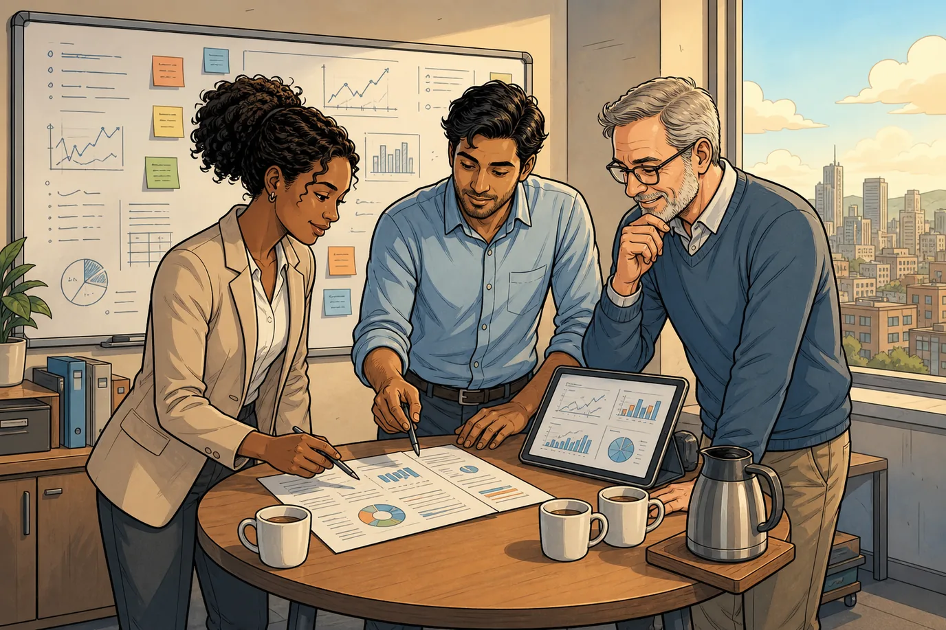 Un pequeño equipo de revenue management se reúne alrededor de una pizarra con KPIs como RevPAR, ADR, pickup y pace durante una reunión comercial matinal, ilustrando cómo las revenue managers modernas trabajan integradas en un equipo comercial más amplio.