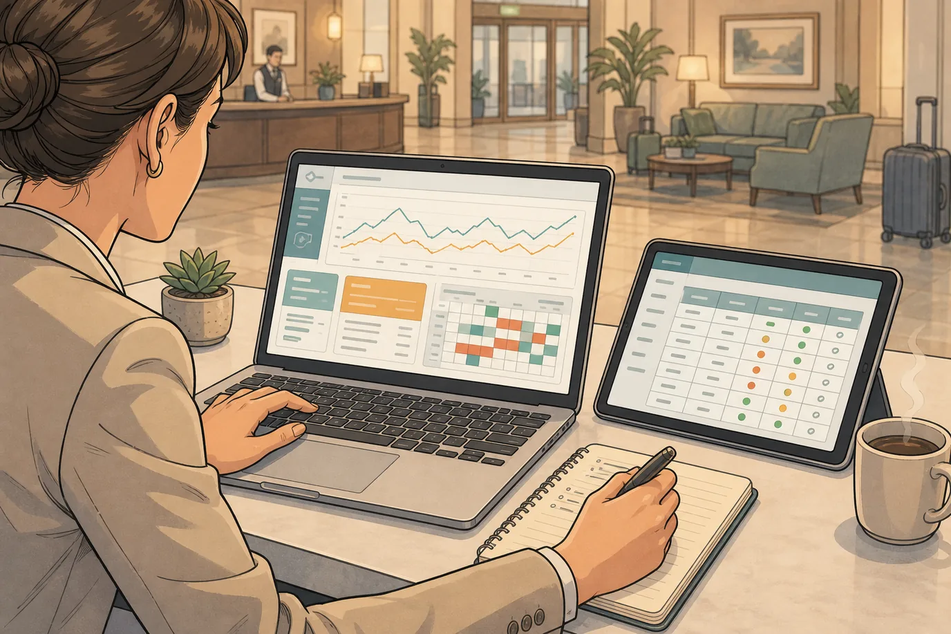 Vista por encima del hombro de una revenue manager trabajando con un portátil que muestra el dashboard de un RMS con la curva de ocupación y ADR, una tablet con la rejilla de un channel manager con indicadores de estado por OTA, y una libreta para notas a mano.