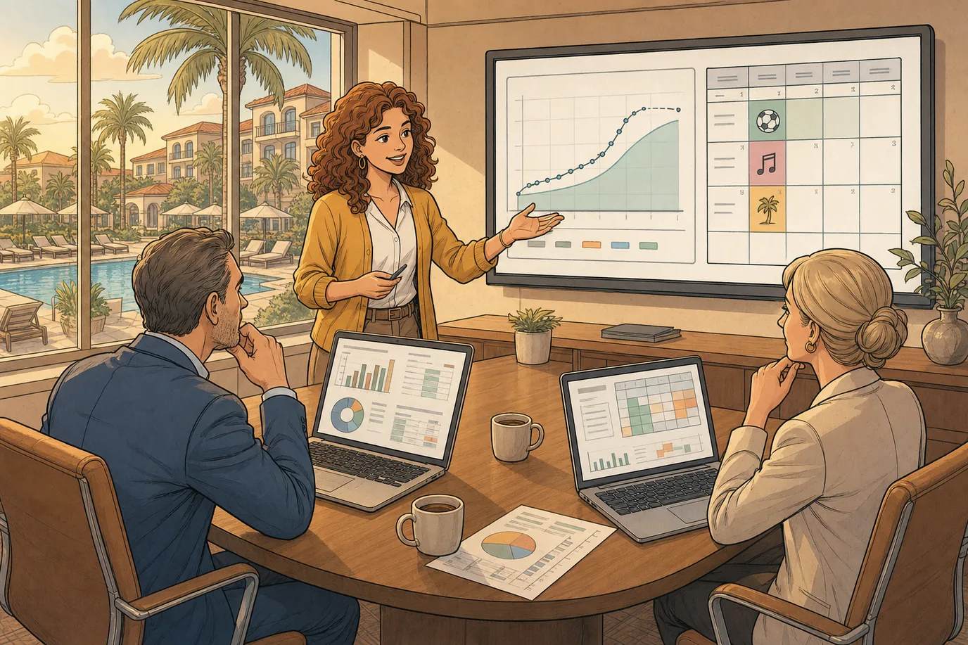 Una revenue manager presenta la previsión rolling al director general y al propietario en una reunión comercial semanal, con una curva de pickup y un calendario de eventos visibles en la pantalla del fondo.