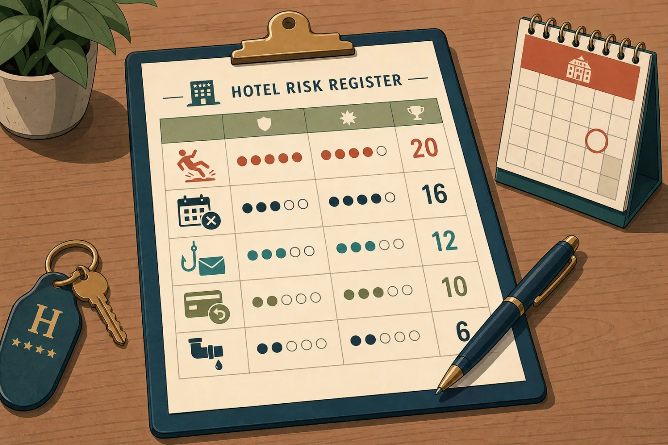 A cel-shaded editorial illustration of a hotel risk register as a simple table on a clipboard, in a warm palette with a teal accent: rows with small icons for a slipping hazard, an overbooking, a phishing hook, a chargeback card and a dripping pipe, each with likelihood and impact dots and a score, sorted so the highest score sits at the top, with a pen resting on the sheet and a small calendar showing a quarterly review date.
