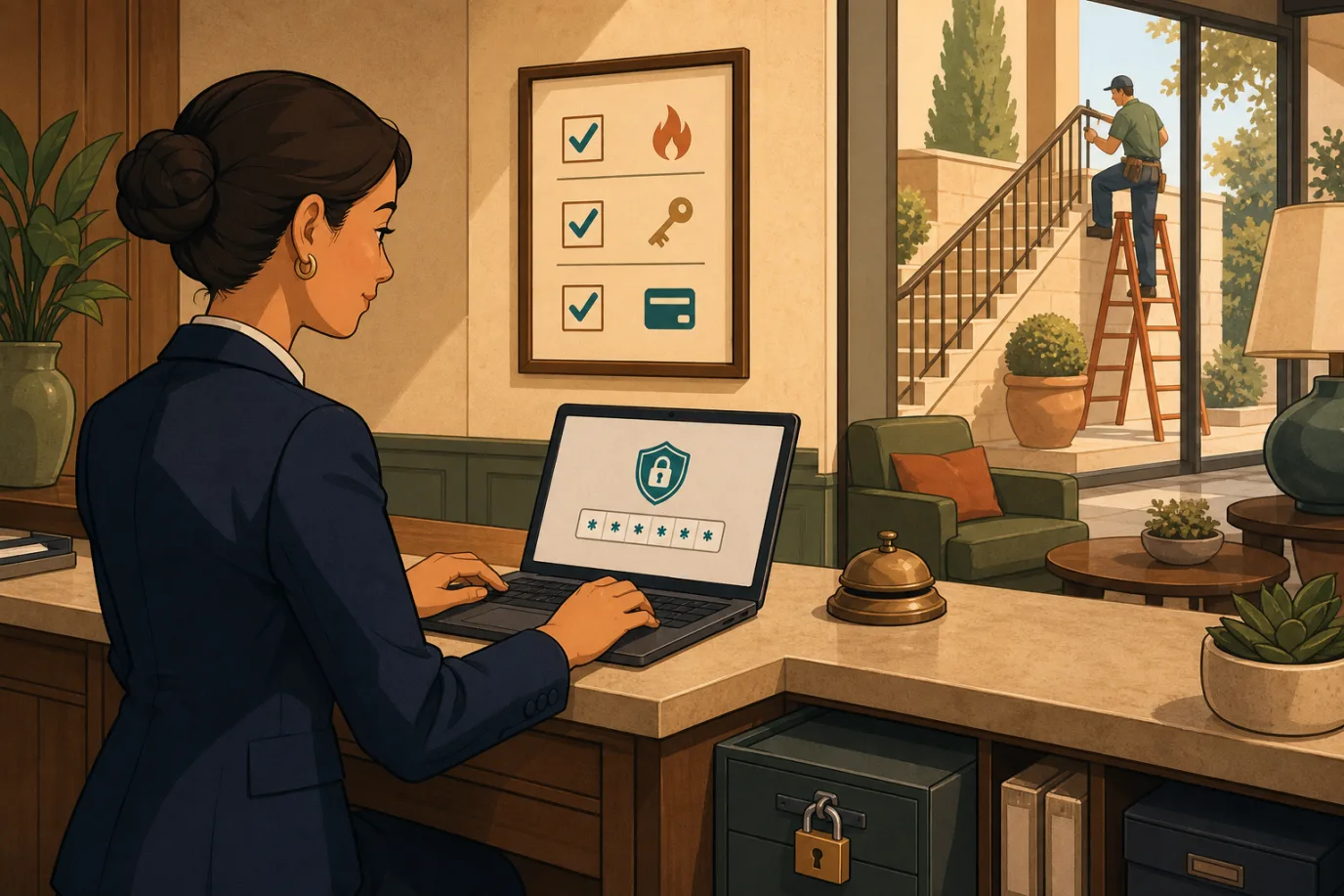 A cel-shaded editorial illustration of everyday hotel risk defences in a warm palette with a teal accent: a front-desk scene where a staff member locks a laptop showing a shield and two-factor code, a wall board holds a short checklist with a fire icon, a key icon and a card icon ticked, a padlocked filing drawer sits under the desk, and through the window a contractor fixes a stair rail, conveying small routine mitigations rather than dramatic security.