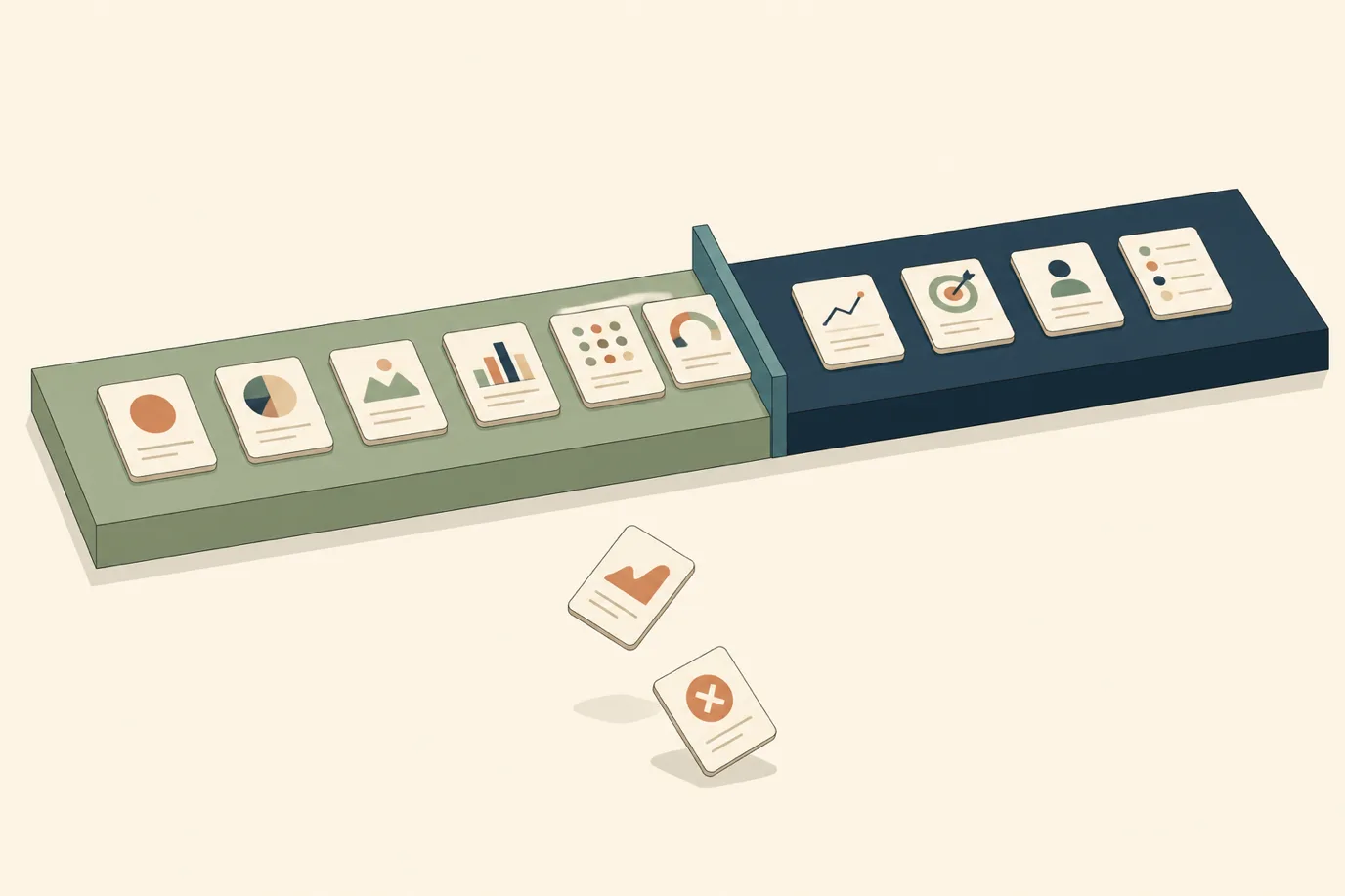 A cel-shaded isometric editorial illustration in a warm palette with a teal accent: two long slabs laid end to end, a sage green one representing the outgoing shift and a deep navy one representing the incoming shift, divided by an upright teal seam where they meet. Small rounded cards ride along the surface toward the seam, four of them crossing onto the navy slab and two tumbling off into the empty cream space below.