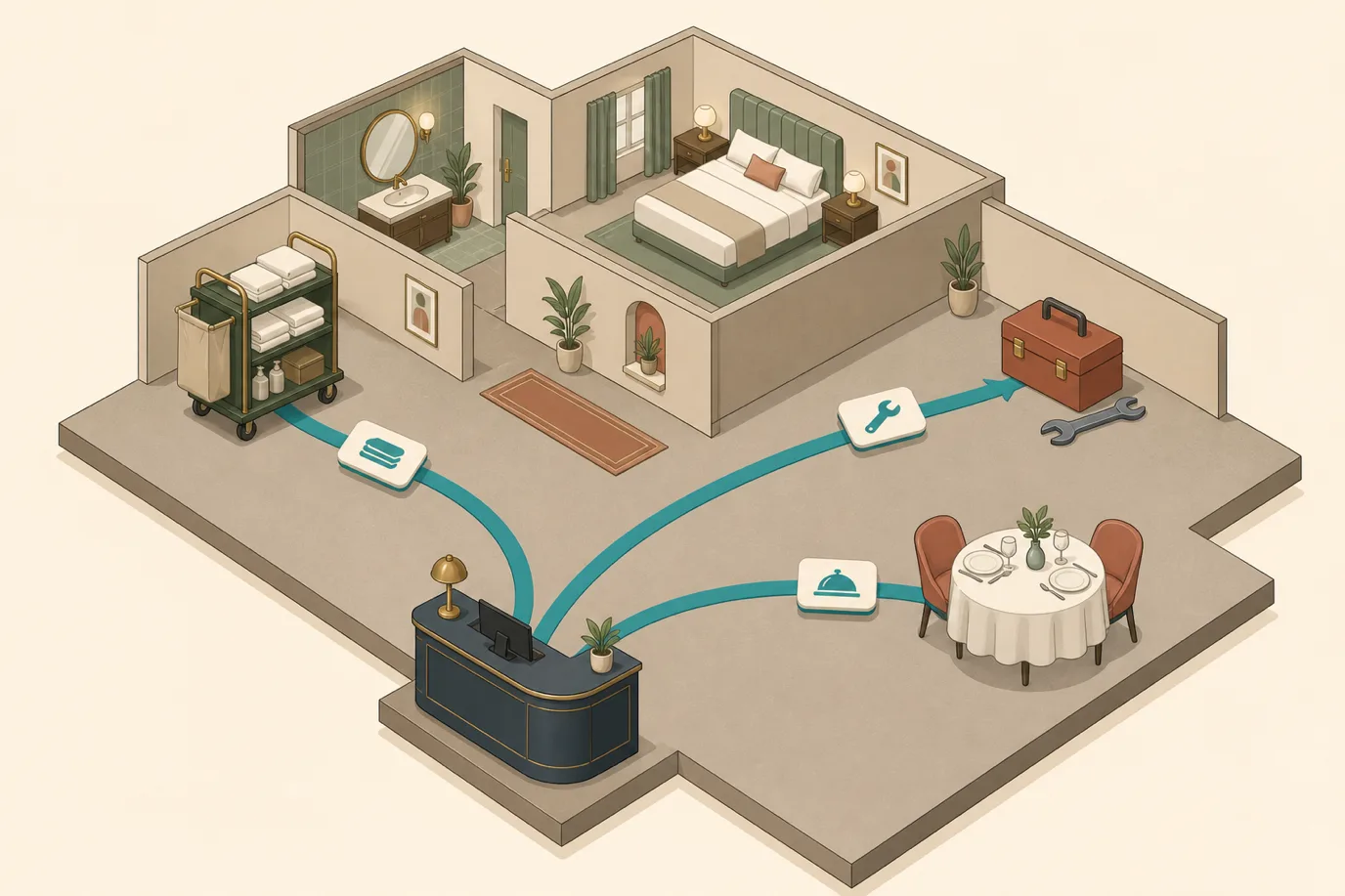 A cel-shaded isometric editorial illustration in a warm palette with a teal accent: a cutaway hotel floor plate showing a furnished bedroom and bathroom, with a navy reception desk at the near corner and three curved teal ribbons arcing out from it across the floor, each carrying a small card, one ending at a housekeeping trolley stacked with linen, one at a maintenance toolbox and wrench, and one at a laid restaurant table.