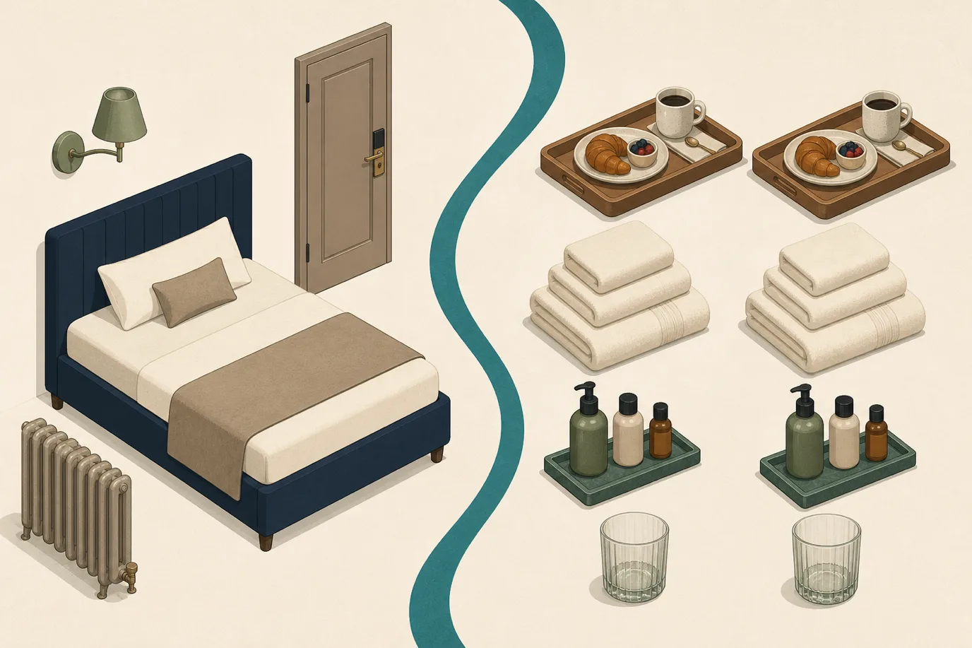 A soft flat vector isometric illustration in cream, taupe, sage, terracotta and deep navy with a teal accent, showing a hotel room split into two groups of objects. On one side, a bed, a wall lamp, a radiator and a door stand together unchanged. On the other, a breakfast tray, a folded towel stack, a small set of toiletry bottles and a water glass are paired as a second identical set, and a single curving teal ribbon separates the two groups.