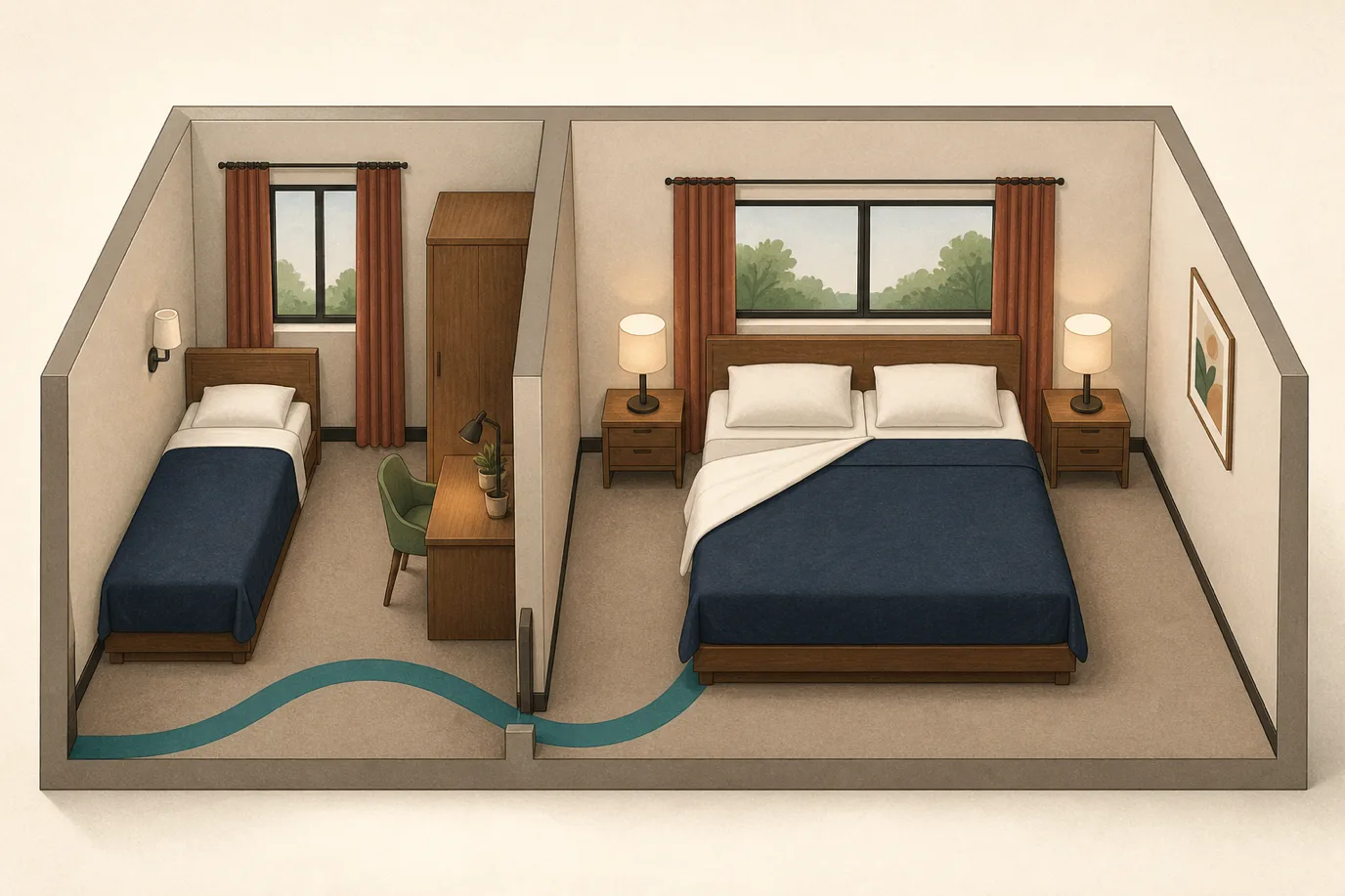 A soft flat vector isometric cutaway in cream, taupe, sage, terracotta and deep navy with a teal accent, showing two hotel rooms side by side. On the left a compact single room with one narrow bed, a small desk, a chair and a window. On the right a wider double room with a large bed, one side turned down and the other untouched, two nightstands and two lamps. A single curving teal path runs between the two rooms.