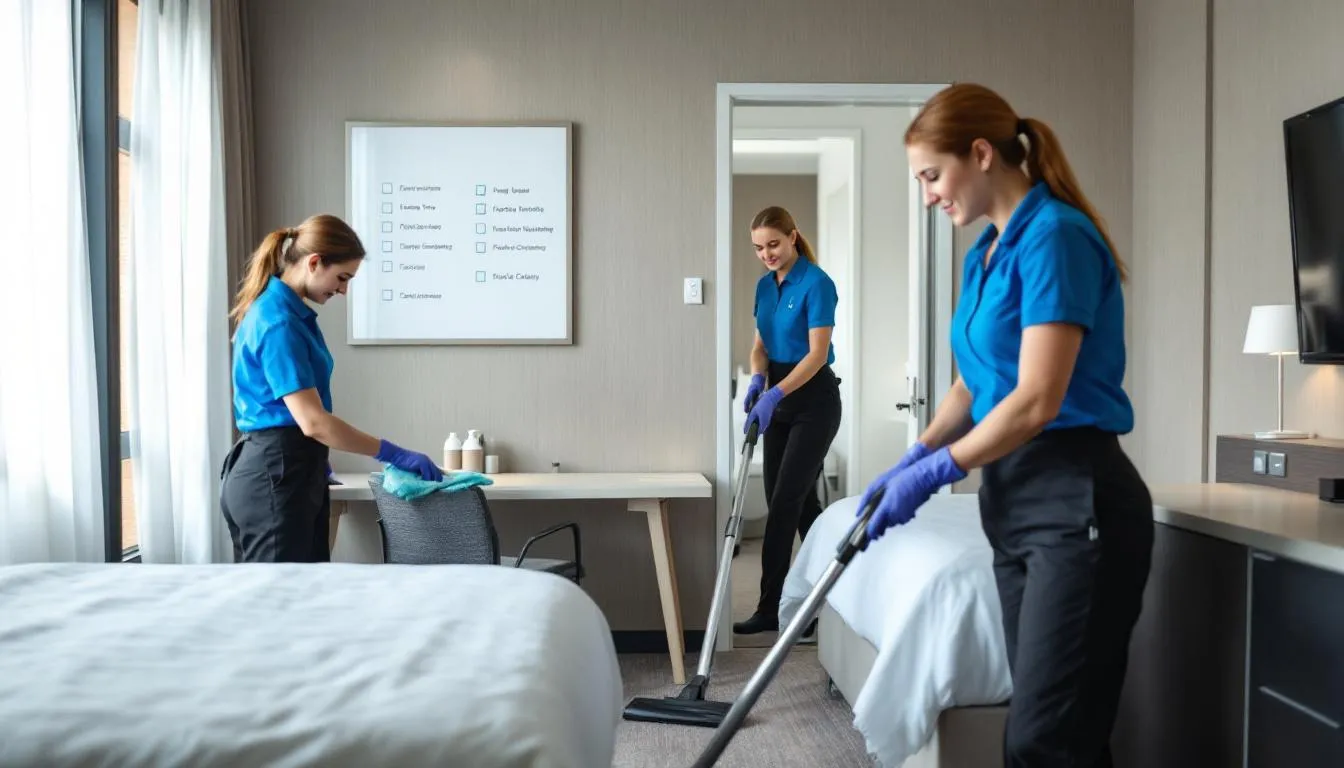 In the image, a hotel housekeeping team is diligently cleaning a guest room, following the hotel's standard operating procedures to ensure high cleaning standards and enhance guest satisfaction. The staff members are focused on maintaining operational efficiency and delivering consistent service in line with documented procedures.