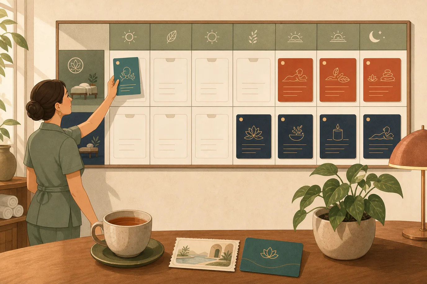 A cel-shaded editorial illustration of spa utilisation in a warm palette with a teal accent: a weekly schedule board for two treatment rooms where afternoon and weekend slots are filled with warm terracotta blocks while weekday morning slots sit empty in pale cream, a spa manager placing a new booking card into one of the empty morning slots, with a small day-pass ticket and a membership card resting on the desk below, conveying the work of selling the quiet hours.