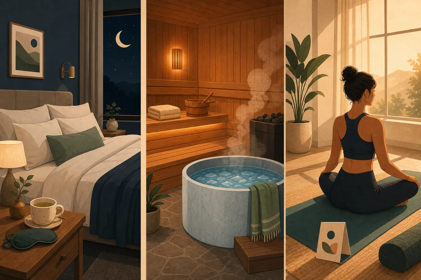 A cel-shaded editorial illustration of wellness trends in a warm palette with a teal accent: three vignettes side by side, a serene bedroom prepared for deep sleep with an eye mask and herbal tea under a crescent moon, a sauna and cold plunge pairing with steam and a small ice motif, and a guest on a yoga mat in soft morning light with a short ritual card beside them, conveying the shift from pampering to sleep, recovery and daily rituals.