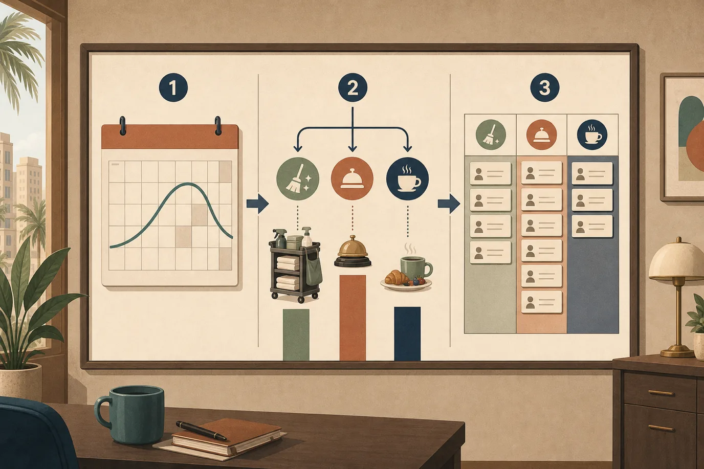 A cel-shaded editorial illustration of forecast-based scheduling in a warm palette with a teal accent: a three-step flow on a wall board, first a calendar with an occupancy curve, then branching arrows splitting into three department icons for housekeeping, front desk and breakfast, each with its own small bar of required hours, then a staff grid with name cards filling exactly those bars, conveying occupancy turning into hours before names.