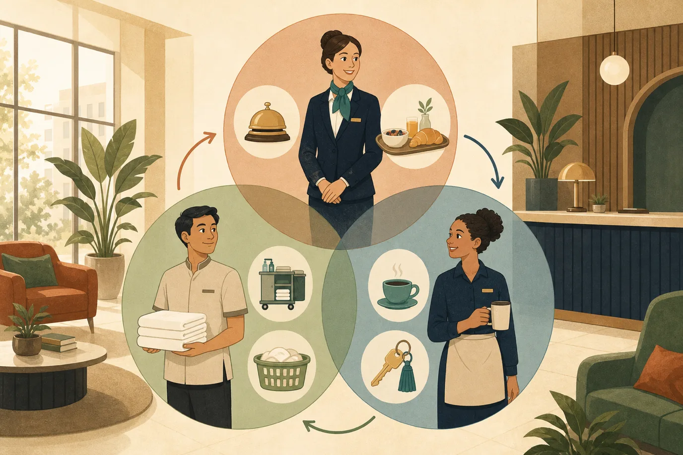 A cel-shaded editorial illustration of cross-training in a warm palette with a teal accent: three hotel staff figures at the centre of overlapping circles, each circle containing pictograms of two departments, a reception bell with a breakfast tray, a housekeeping cart with a laundry basket, a coffee cup with a room key, and small arrows flowing between the circles, conveying one team flexing across departments as demand moves.