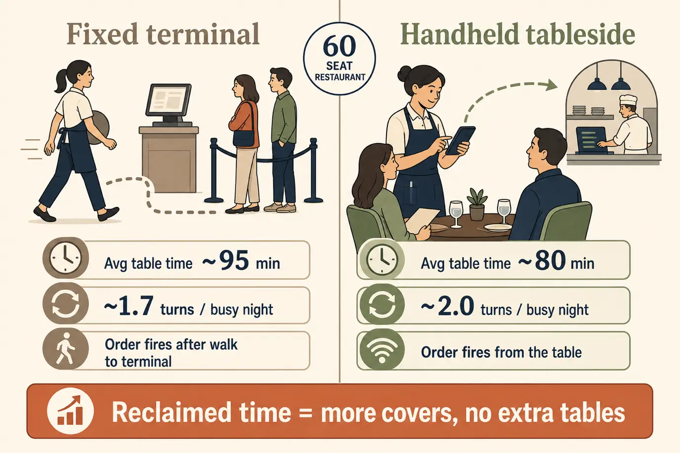 A before-and-after comparison panel for a 60-seat hotel restaurant: the left side labelled fixed terminal shows a server walking to a shared terminal queue, an average table time of about 95 minutes, and roughly 1.7 turns per table on a busy night; the right side labelled handheld tableside shows the order firing from the table, an average table time of about 80 minutes, and roughly 2.0 turns, with a callout that the reclaimed time adds covers without adding tables.