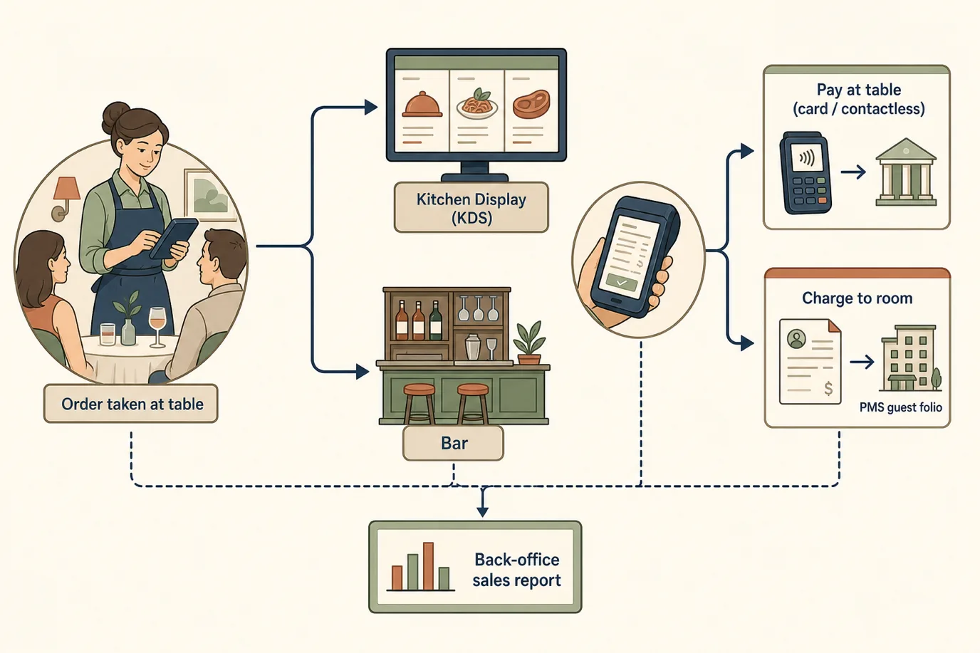 An order-flow diagram for a hotel restaurant handheld POS: a server enters an order at the table on a handheld, which sends it simultaneously to the kitchen display system for food and the bar printer or screen for drinks; when the meal ends the same handheld either takes a pay-at-table card or contactless payment through the payment processor, or posts the check to the guest folio in the property management system as a charge-to-room, and all of it reports into one back-office sales view.