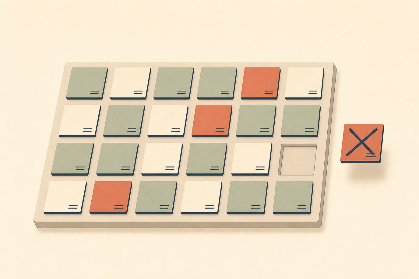 A cel-shaded isometric editorial illustration in a warm palette with a teal accent: a housekeeping status board shown as a grid of small room tiles in different states, some tiles marked clean, some marked dirty, one tile crossed out and set apart from the grid to indicate an out of order room removed from sellable inventory.
