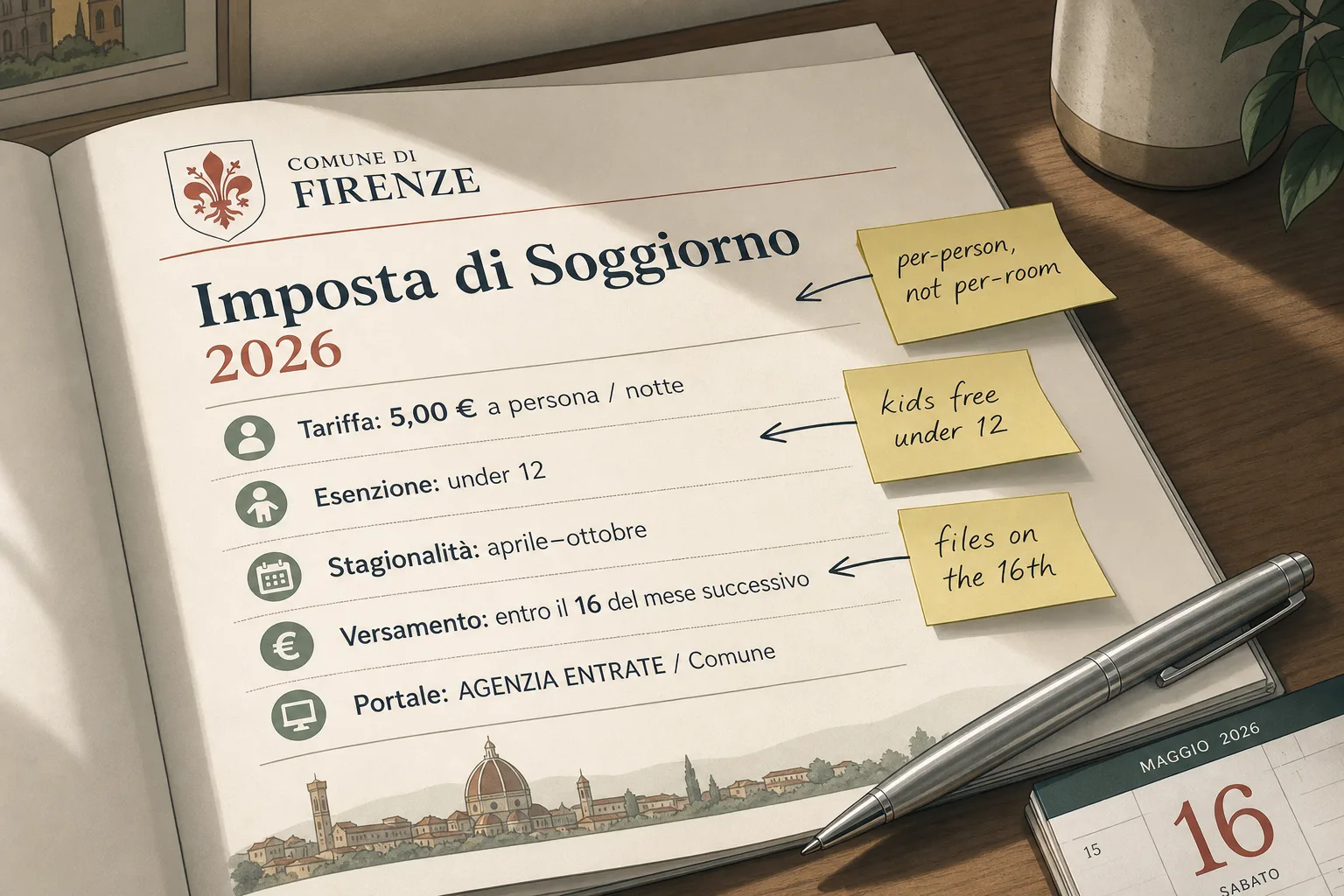 Open municipal regulation document for the Comune di Firenze 2026 imposta di soggiorno, showing the per-person rate of EUR 5,00 per night, the under-12 exemption, the April to October seasonality window, the filing deadline of the 16th of the following month, and the AGENZIA ENTRATE filing portal, with three handwritten yellow sticky notes annotating per-person not per-room, kids free under 12, and files on the 16th.