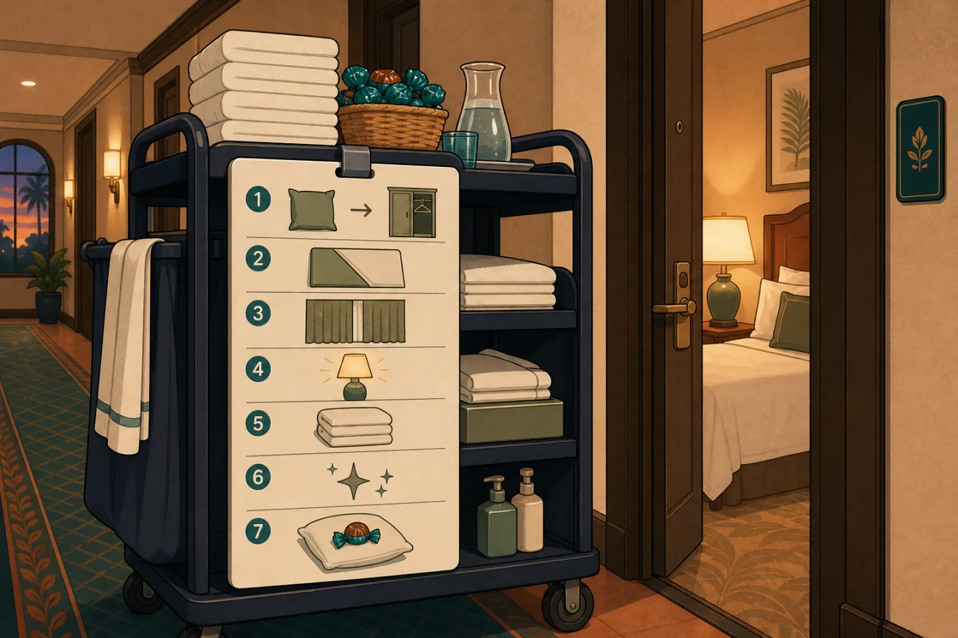 A cel-shaded editorial illustration of a turndown checklist in a warm palette with a teal accent: a housekeeping attendant's cart with a small card showing seven pictogram steps, cushions to wardrobe, duvet corner fold, curtains, bedside lamp, towel swap, tidy, chocolate on pillow, beside a hotel corridor at dusk with warm light from one open door, conveying the fixed evening routine.