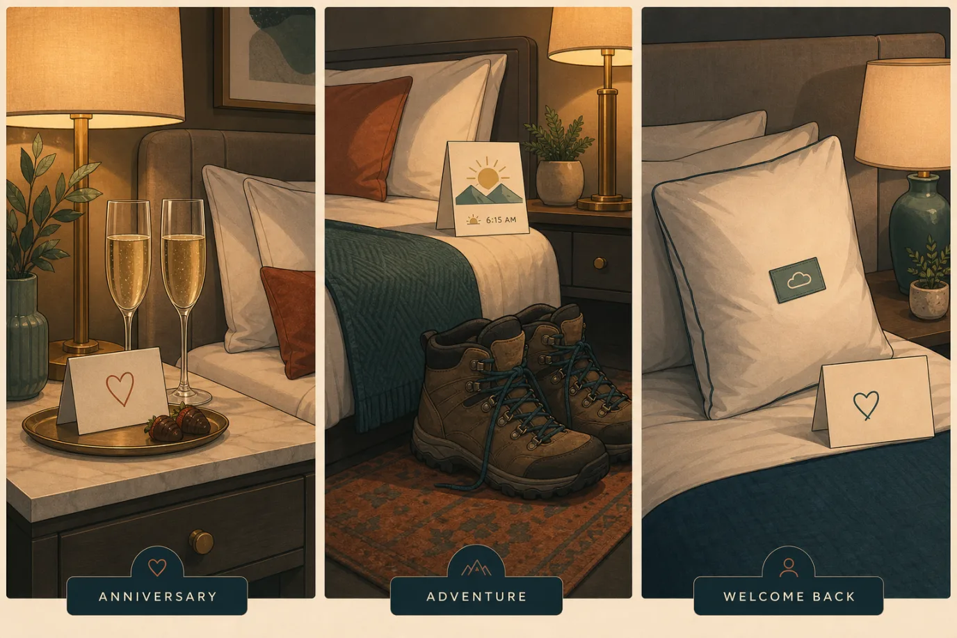 A cel-shaded editorial illustration of personalised turndown touches in a warm palette with a teal accent: three bedside vignettes side by side, one with two glasses and a small anniversary card, one with a weather card and sunrise time beside hiking boots, one with an extra firm pillow and a returning-guest welcome note, each lit by a warm bedside lamp, conveying how small recorded preferences become memorable evening details.