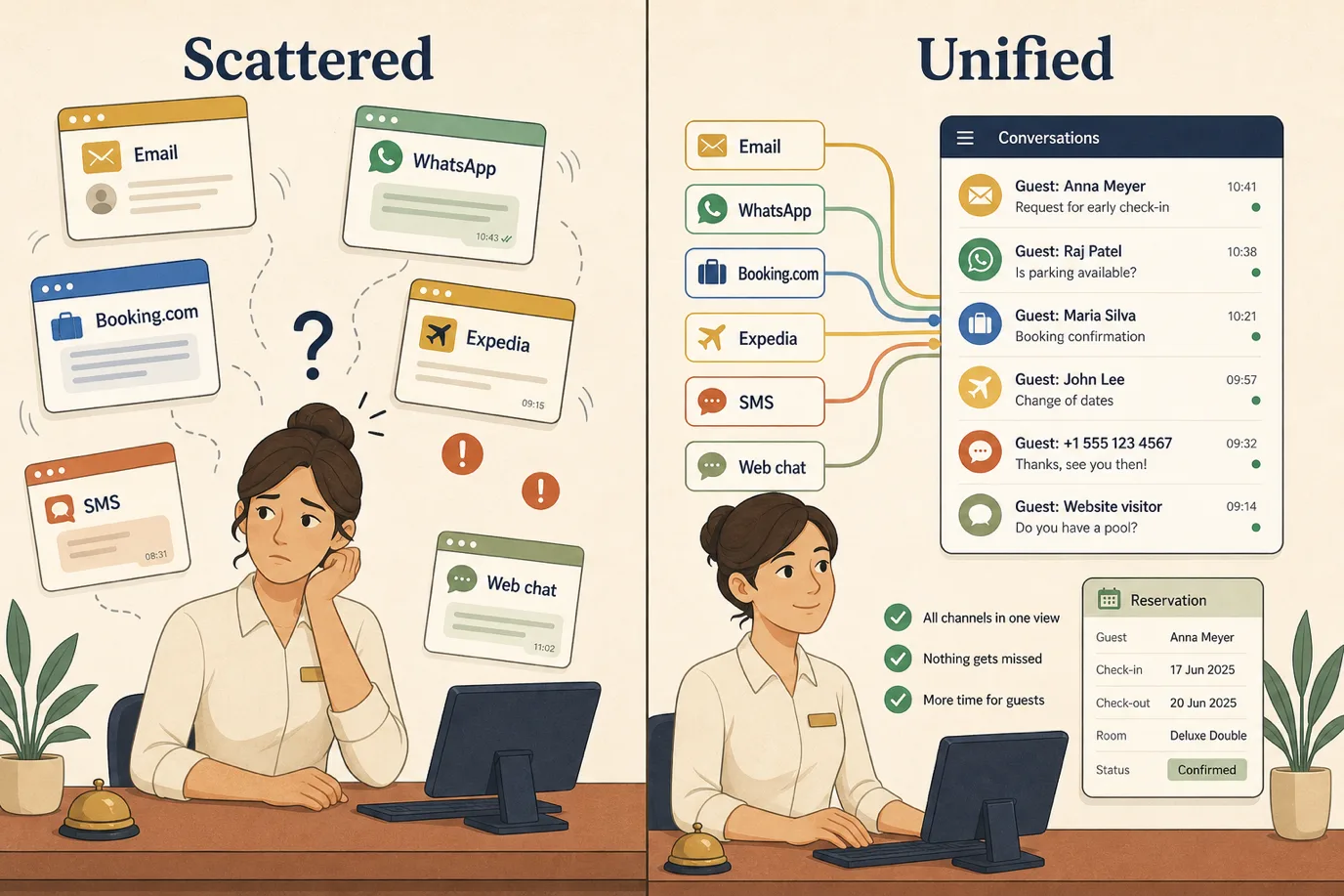 A two-panel before-and-after comparison in cel-shaded editorial style. The left panel labelled scattered shows six separate app windows, email, WhatsApp, Booking.com, Expedia, SMS and web chat, floating apart with a tired receptionist glancing between them and a question mark. The right panel labelled unified shows the same six channels as coloured lines flowing into one tidy conversation list with a reservation card beside it and a calm receptionist.