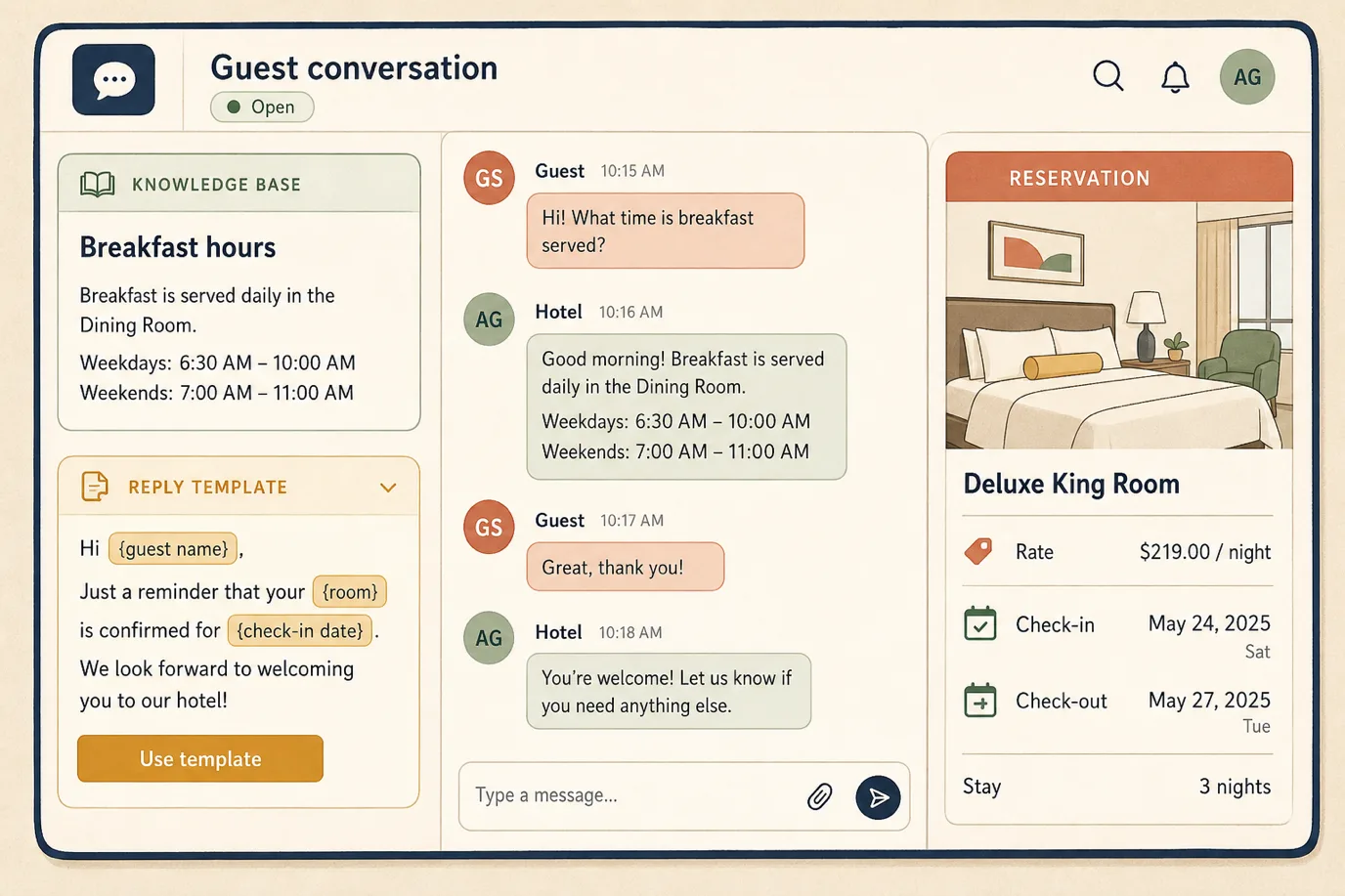 A cel-shaded editorial close-up of a single guest conversation on screen. In the centre a WhatsApp-style message thread; on the right a reservation card showing room, rate and dates; on the left a small knowledge-base article panel titled breakfast hours and a template chip showing variables like guest name, room and check-in date being filled in automatically.
