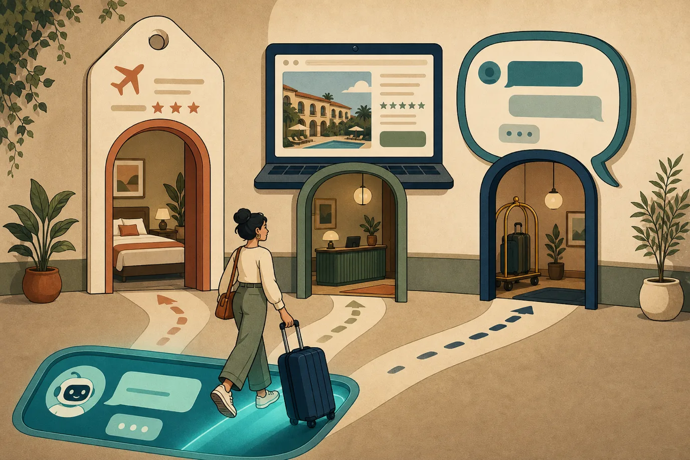 A cel-shaded editorial illustration in a warm palette with a teal accent: three doorways side by side in a stylized wall, one framed with an OTA-style price tag, one framed as a hotel website on a laptop, one framed as a messaging bubble, with a guest silhouette stepping from a glowing chat window toward them, conveying the three paths from an AI conversation to a completed hotel booking.