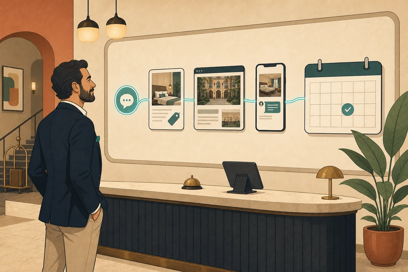 A cel-shaded editorial illustration in a warm palette with a teal accent: a hotelier stands at a reception desk calmly watching a wall panel where a glowing thread flows from a chat bubble icon through a row of small screens, an OTA listing, a website, a messaging app, into a calendar with a confirmed booking mark, conveying an AI-era booking path that ends in the hotel systems.