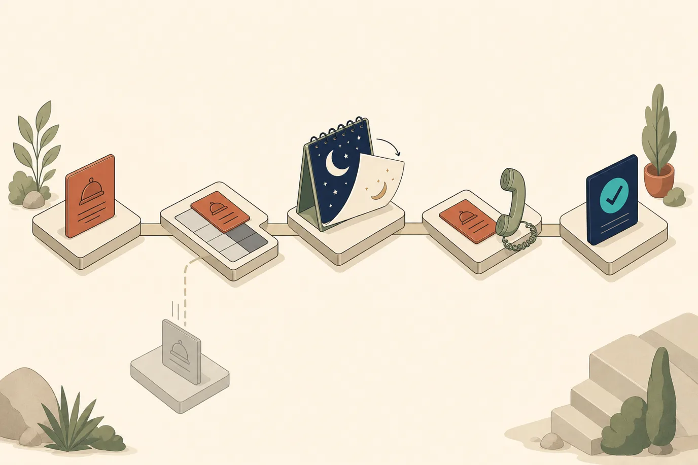 A cel-shaded isometric editorial illustration in a warm palette with a teal accent: a horizontal five-stage track showing a small enquiry card moving left to right through the stages of a waitlist entry, from an initial request, through a waiting period shown as a shaded calendar strip, to a moment where a night opens up, then a phone contact, and finally a confirmed booking card, with a faded side branch showing an entry falling away as expired.