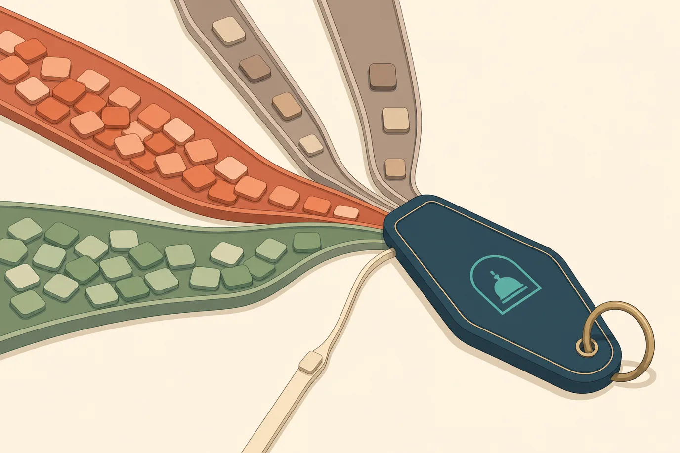 A cel-shaded isometric editorial illustration in a warm palette with a teal accent: five labelled channels of differing widths converging into a single room-key shape at the centre, the widest channels representing cancellations and allotment releases and the narrowest representing no-shows, showing the relative volume of inventory that returns to a hotel from each source.