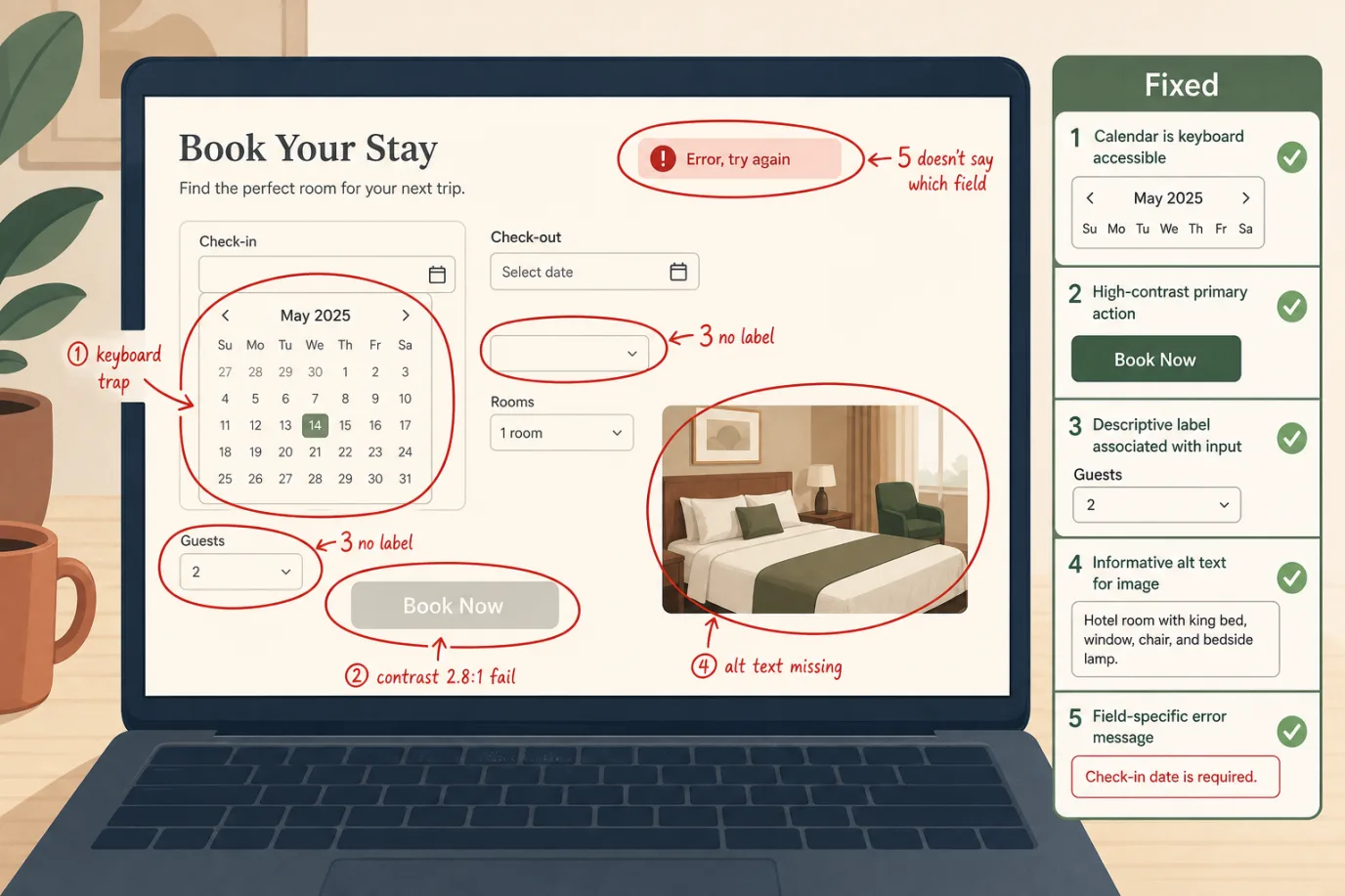 An annotated hotel booking form on a laptop screen with five accessibility failures circled in red and labelled: a date-picker calendar marked keyboard trap cannot tab out, a pale grey Book Now button marked contrast 2.8 to 1 fail, a Guests input field marked no label screen reader reads blank, a room photo marked alt text missing, and a red error message marked says error try again with no field named, beside a green tick panel listing the corrected versions.