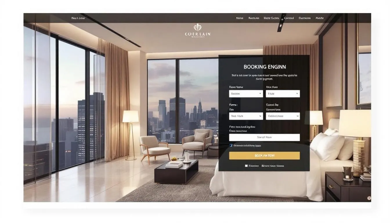 A modern hotel website homepage showcases an elegant design featuring a prominent booking engine, allowing travelers to easily check hotel prices, find deals on luxury hotels, and make reservations for their stays in popular destinations. The layout is user-friendly, highlighting various room options and offers for guests to save money on their next night’s stay.