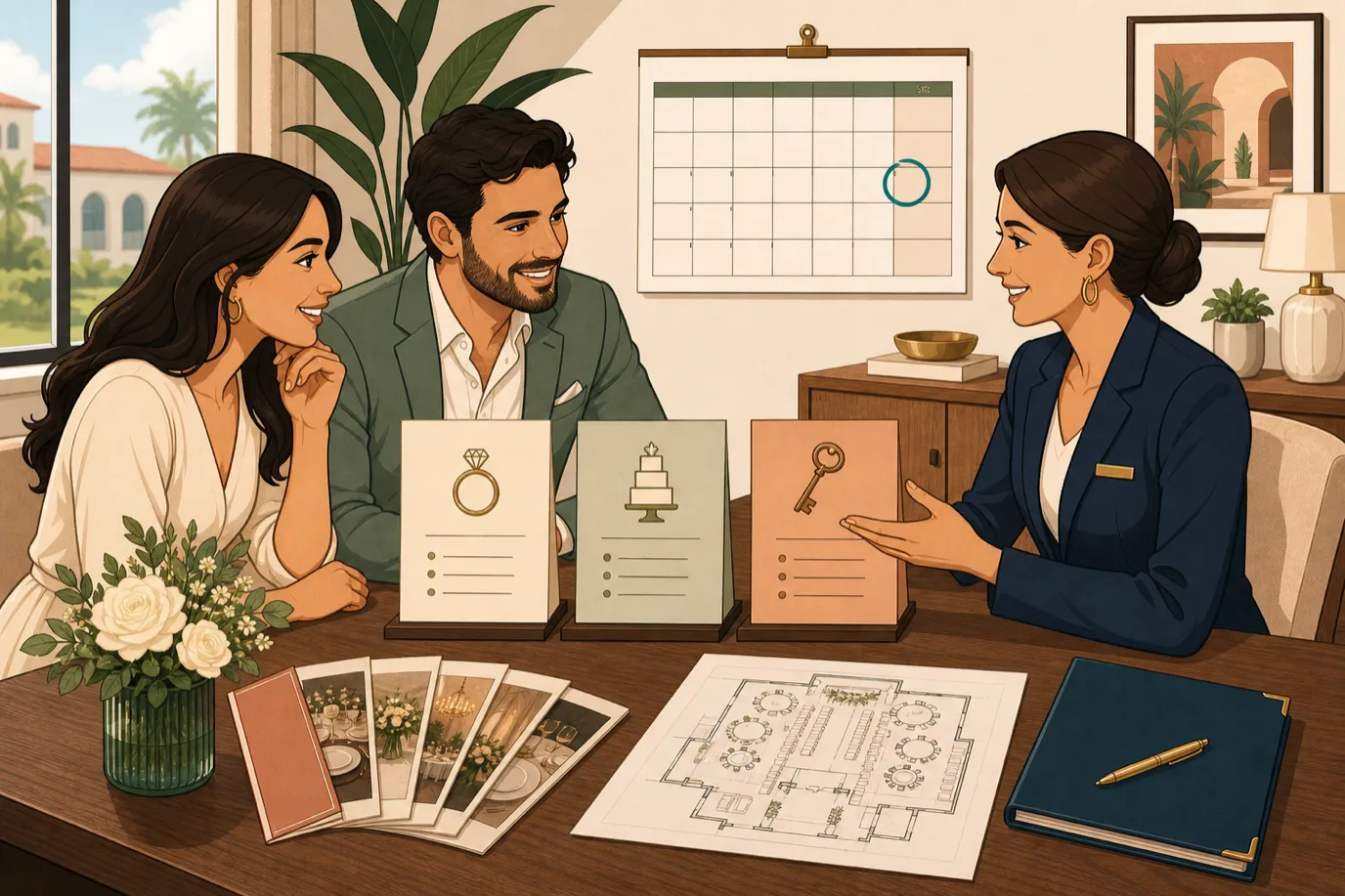 A cel-shaded editorial illustration in a warm palette with a teal accent: a couple sits across a desk from a hotel wedding coordinator reviewing three tiered package cards labelled with small icons of a ring, a cake and a key, a calendar on the wall shows a Saturday circled, and a fanned menu and floor plan lie on the desk, conveying clear wedding packages and confident planning rather than overwhelming choice.