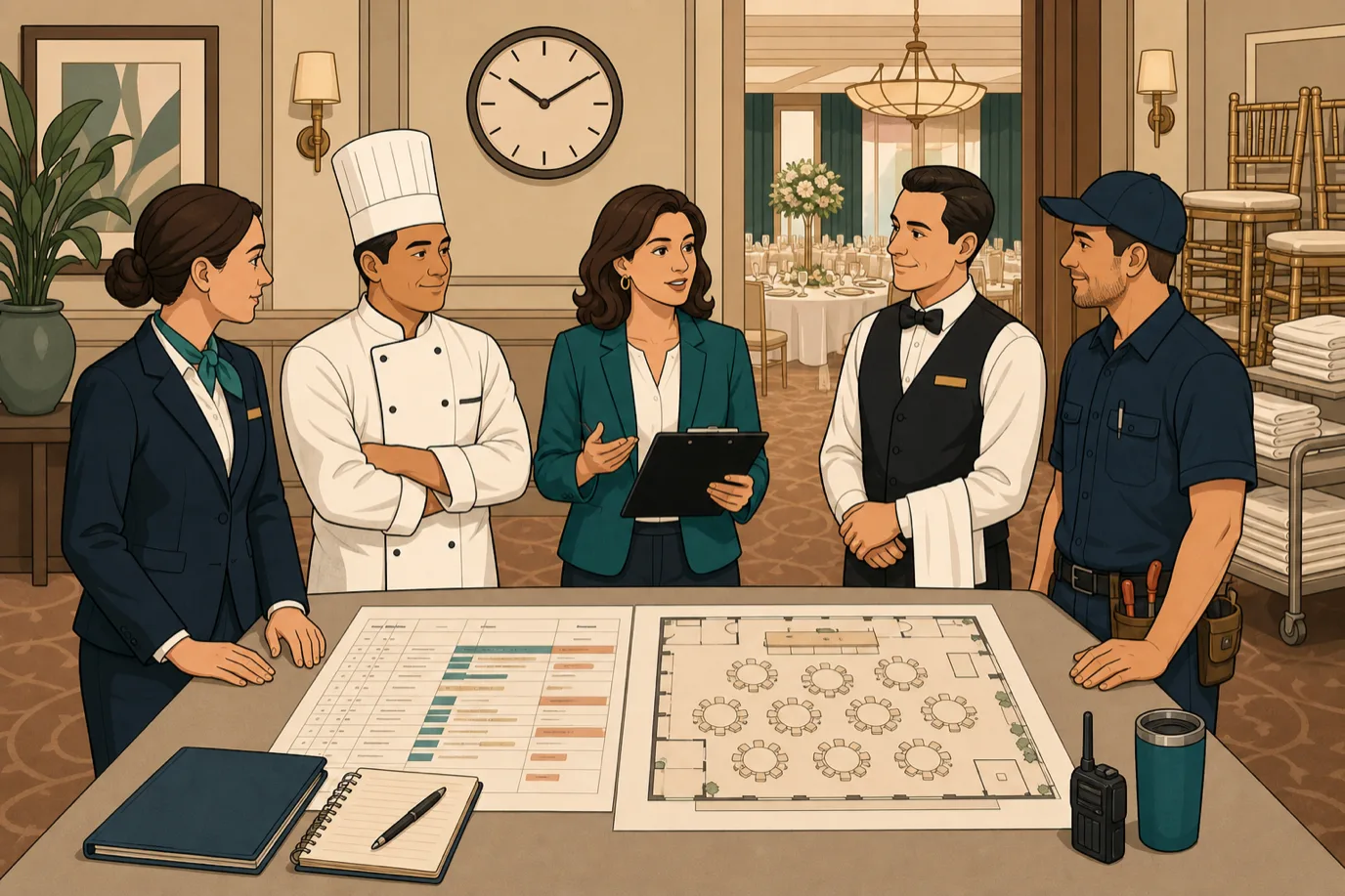A cel-shaded editorial illustration in a warm palette with a teal accent: a hotel events coordinator with a clipboard briefs a small team of kitchen, service and front desk staff around a long table where a detailed run sheet and floor plan are laid out, a clock on the wall and neatly stacked chairs hint at the wedding day ahead, conveying calm operational rehearsal behind a flawless event.