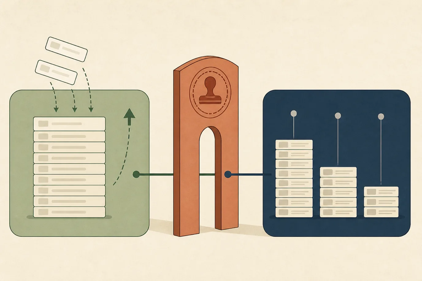A cel-shaded editorial timeline in cream, taupe, sage and deep navy running left to right: a sage open account panel on the left with several charge lines still being added and an upward arrow, a narrow terracotta vertical gate in the centre stamped with an invoice number, and a deep navy receivables panel on the right showing the same total now fixed and sitting in dated ageing columns.