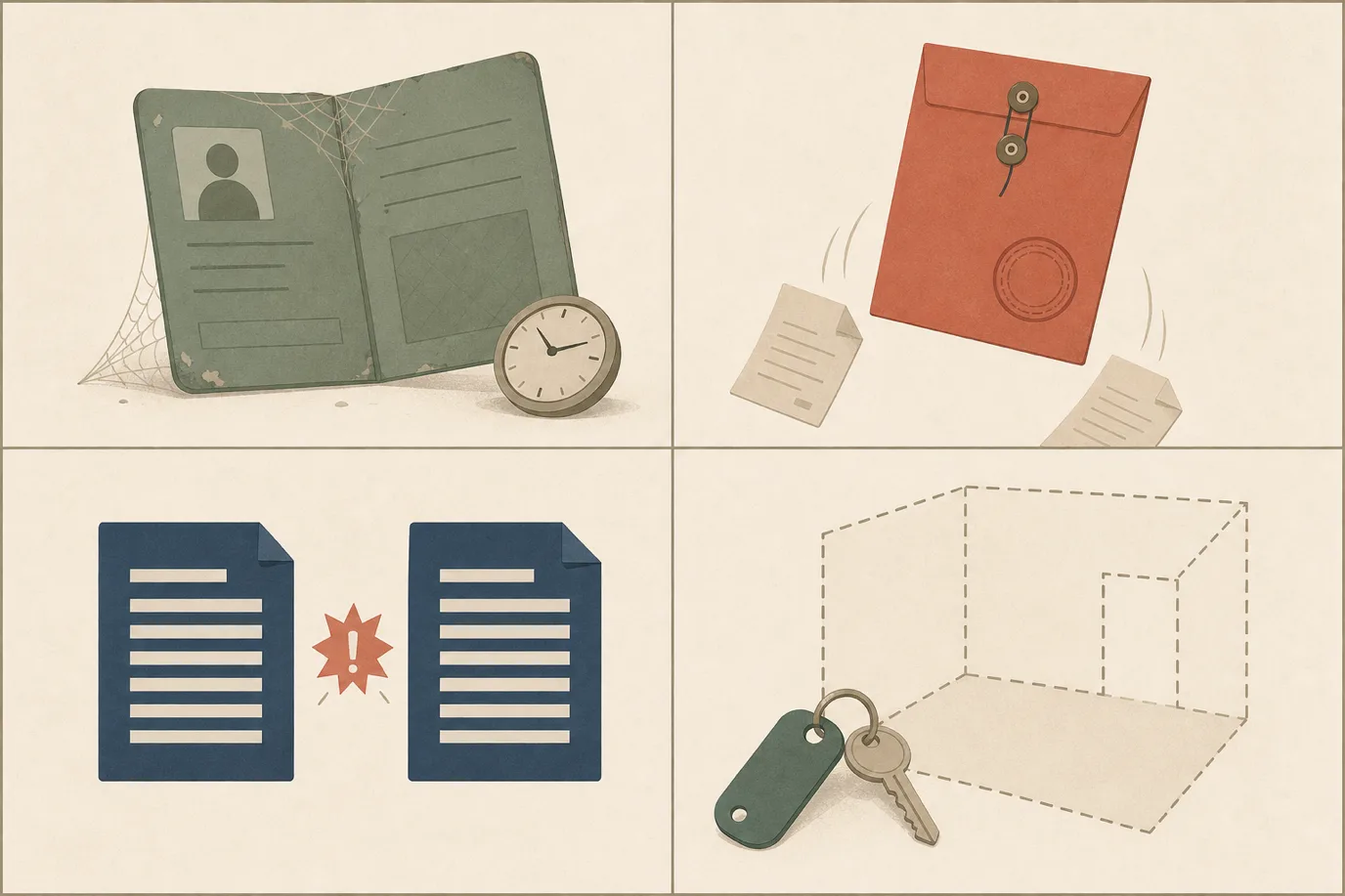 A cel-shaded editorial diagram in cream, taupe, sage, terracotta and deep navy showing four small failure panels arranged in a two by two grid: a sage account card left open with cobwebs and a stalled date, a terracotta invoice issued too early with two late dockets arriving after it, the same total duplicated on two separate deep navy sheets side by side, and a room key tag attached to a ghosted outline of a room that has no guest in it.