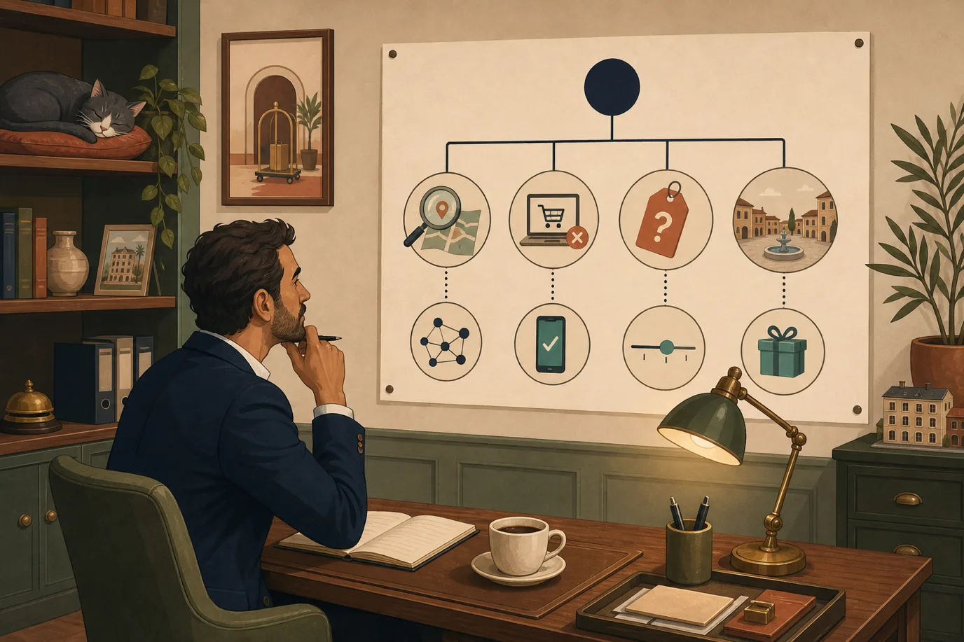 A cel-shaded editorial illustration of occupancy diagnosis in a warm palette with a teal accent: a hotelier at a desk studying a decision chart with four branches labelled by pictograms, a magnifying glass over a map for visibility, a laptop with an abandoned cart for conversion, a price tag with a question mark for pricing, and an empty town square for demand, each branch pointing to a different tool, conveying that empty rooms have four distinct causes with four distinct fixes.