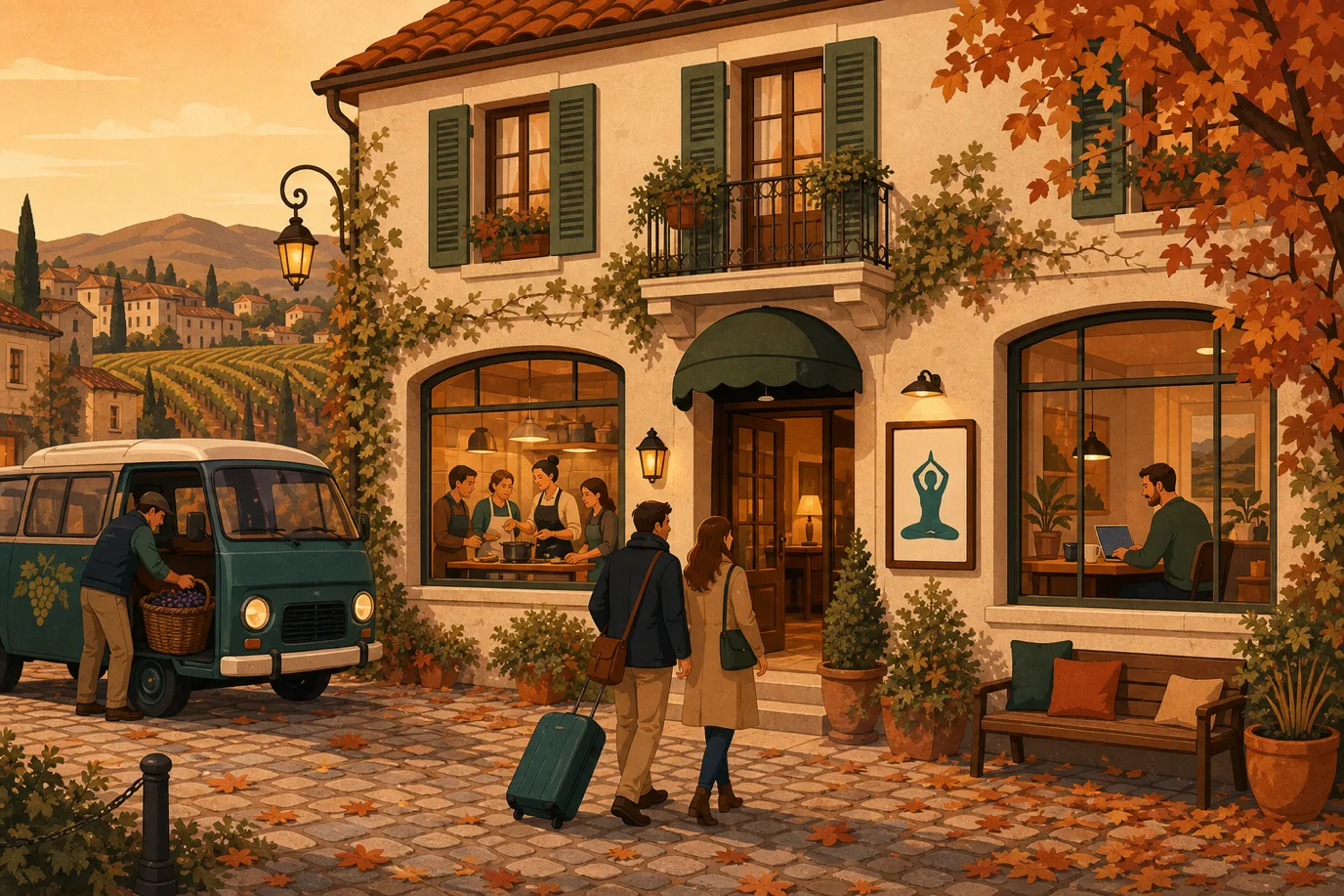 A cel-shaded editorial illustration of demand creation in a warm palette with a teal accent: a small hotel in a quiet autumn town surrounded by activity vignettes, a cooking workshop through one window, a remote worker with a laptop through another, a vineyard tour van at the door and a retreat poster on the facade, with soft golden evening light, conveying how packages, events and long-stay offers give travellers a reason to visit in the low season.